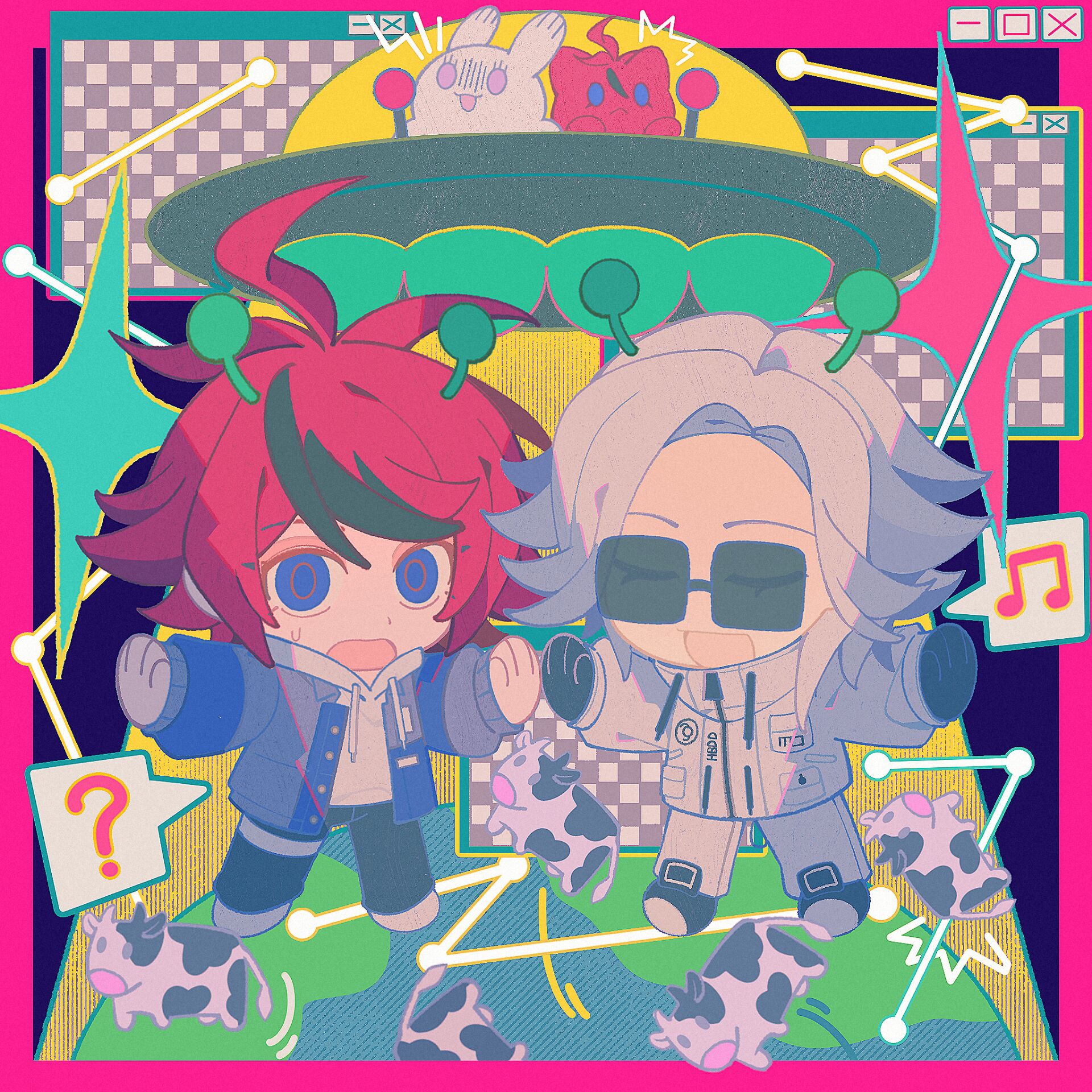 aotsuki eito, sumino takumi, the hundred line -last defense academy-, chinese commentary, commentary request, highres, 2boys, :d, ?, ahoge, animalization, antennae, black gloves, black pants, black streaks, blue eyes, blue jacket, breast pocket, cat, chibi, chibi only, closed eyes, cow, earth (planet), facing viewer, gloves, grey hair, grey jacket, hood, hoodie, jacket, jacket over hoodie, looking at viewer, male focus, multicolored hair, multicolored jacket, multiple boys, musical note, open clothes, open jacket, open mouth, pants, person and animalization, planet, pocket, rabbit, red hair, short hair, smile, spoken musical note, spoken question mark, streaked hair, sunglasses, sweatdrop, two-tone hair, two-tone jacket, ufo, white hoodie, white jacket, white pants, window (computing), zheidaxuewoshifeishangbukema