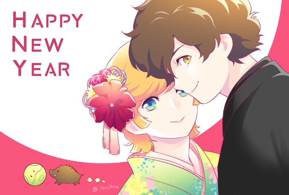 aiya kyuu, audrey burne, banagher links, haro, gundam, gundam unicorn, commentary request, 1boy, 1girl, artist name, blonde hair, boar, brown eyes, brown hair, close-up, flower, green eyes, hair flower, hair ornament, happy new year, japanese clothes, kimono, new year, short hair, simple background, smile