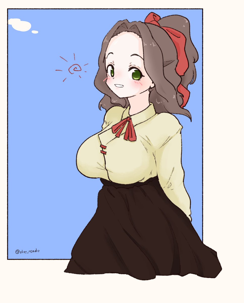 olto rondo, original, commentary request, highres, 1girl, arms behind back, black skirt, blue sky, blush, border, bow, breasts, brown hair, cloud, cropped legs, forehead, green eyes, grey border, hair bow, high-waist skirt, large breasts, long sleeves, looking at viewer, medium hair, outside border, red bow, shirt, skirt, sky, smile, solo, sun, tareme, yellow shirt