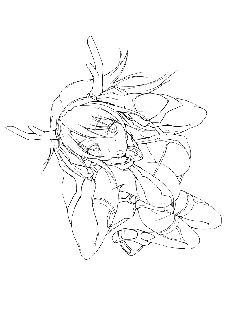 amei sumeru, 1girl, animal ears, breasts, christmas, cleavage, deer ears, detached sleeves, female focus, greyscale, large breasts, lineart, monochrome, perspective, solo, thighhighs