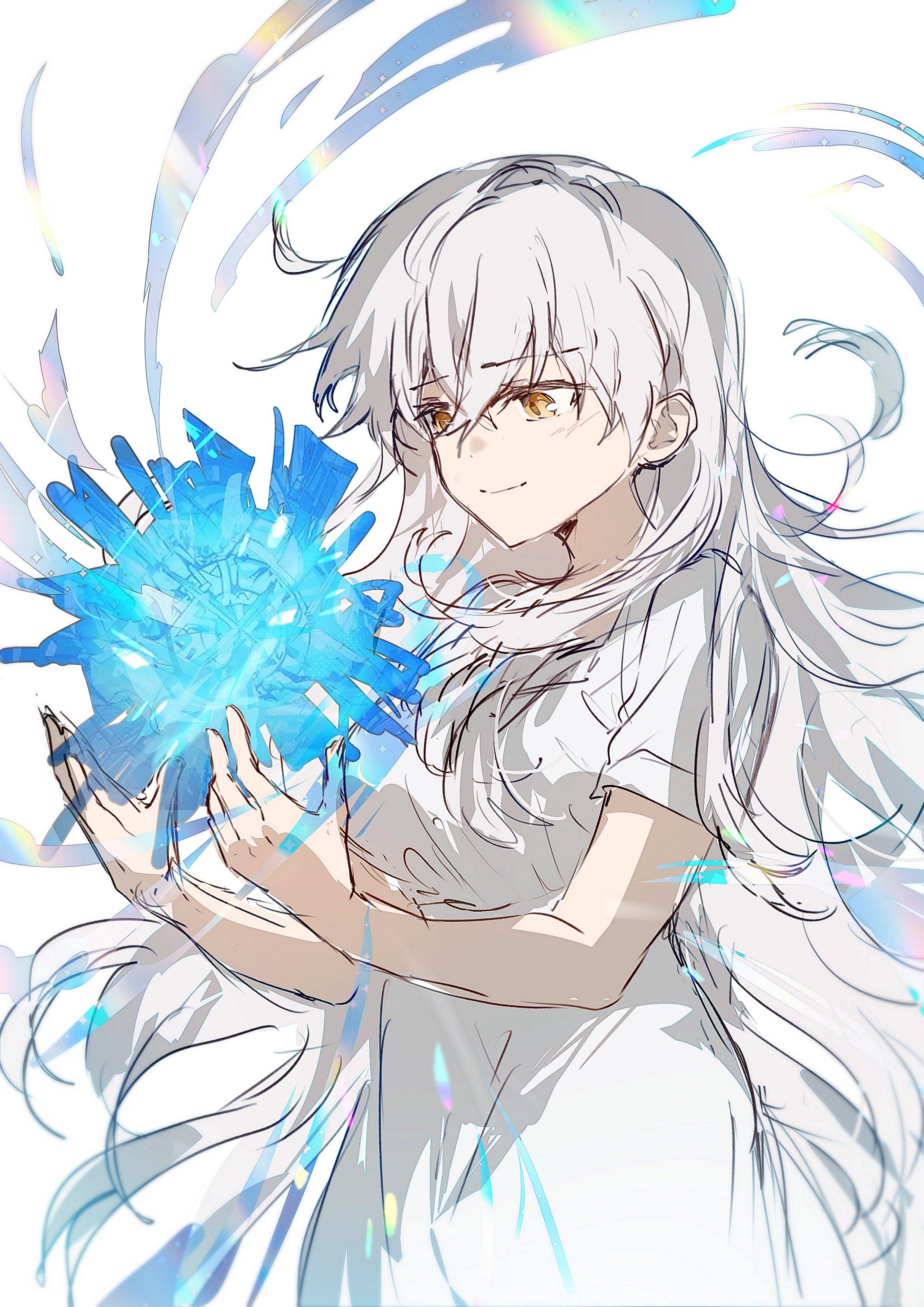 yakksan, olga marie animusphere, fate/grand order, fate (series), absurdres, commentary, english commentary, highres, 1girl, closed mouth, dress, hair between eyes, long hair, sad smile, short sleeves, simple background, smile, solo, very long hair, white background, white dress, white hair, yellow eyes