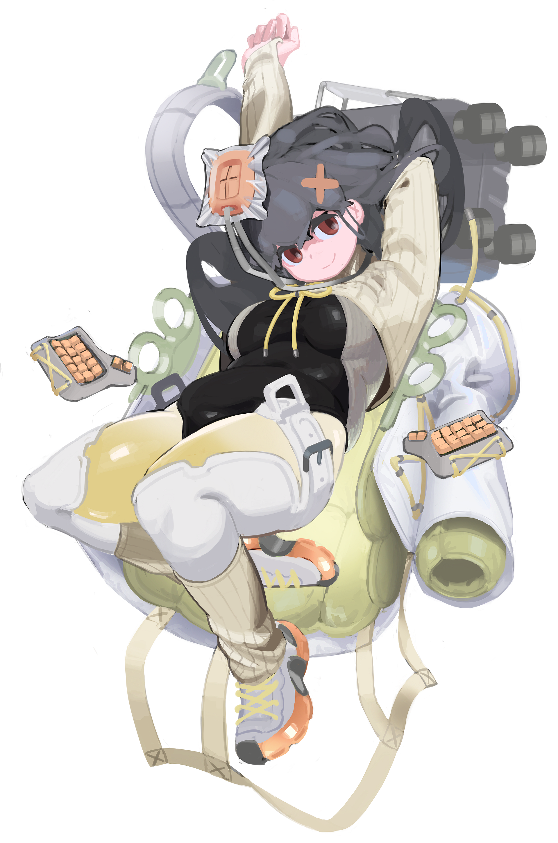 cororatan, original, absurdres, commentary, english commentary, highres, 1girl, arm behind head, arm up, bodysuit, breasts, closed mouth, computer keyboard, full body, grey hair, hair ornament, leg warmers, long hair, looking at viewer, medium breasts, plump, red eyes, shoes, smile, sneakers, solo, stretching, thumb hole sleeves, white background