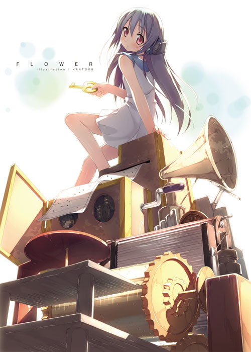 kantoku, flower (kowarekake), furawaa, kowarekake no orgel, 00s, 1girl, bare legs, bare shoulders, black hair, bottle, chair, dress, female focus, flat chest, from behind, headphones, knees up, long hair, looking at viewer, looking back, red eyes, simple background, solo, stool, sundress, white background