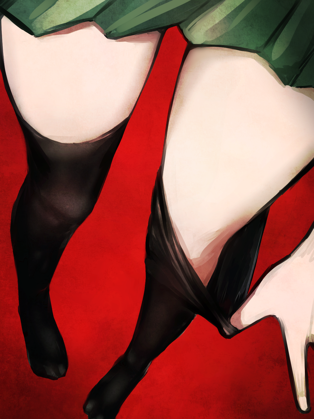 disorder!, original, commentary request, highres, 1girl, black thighhighs, clothes tug, green skirt, leg focus, lower body, miniskirt, no shoes, pleated skirt, red background, skirt, solo, thighhighs, zettai ryouiki