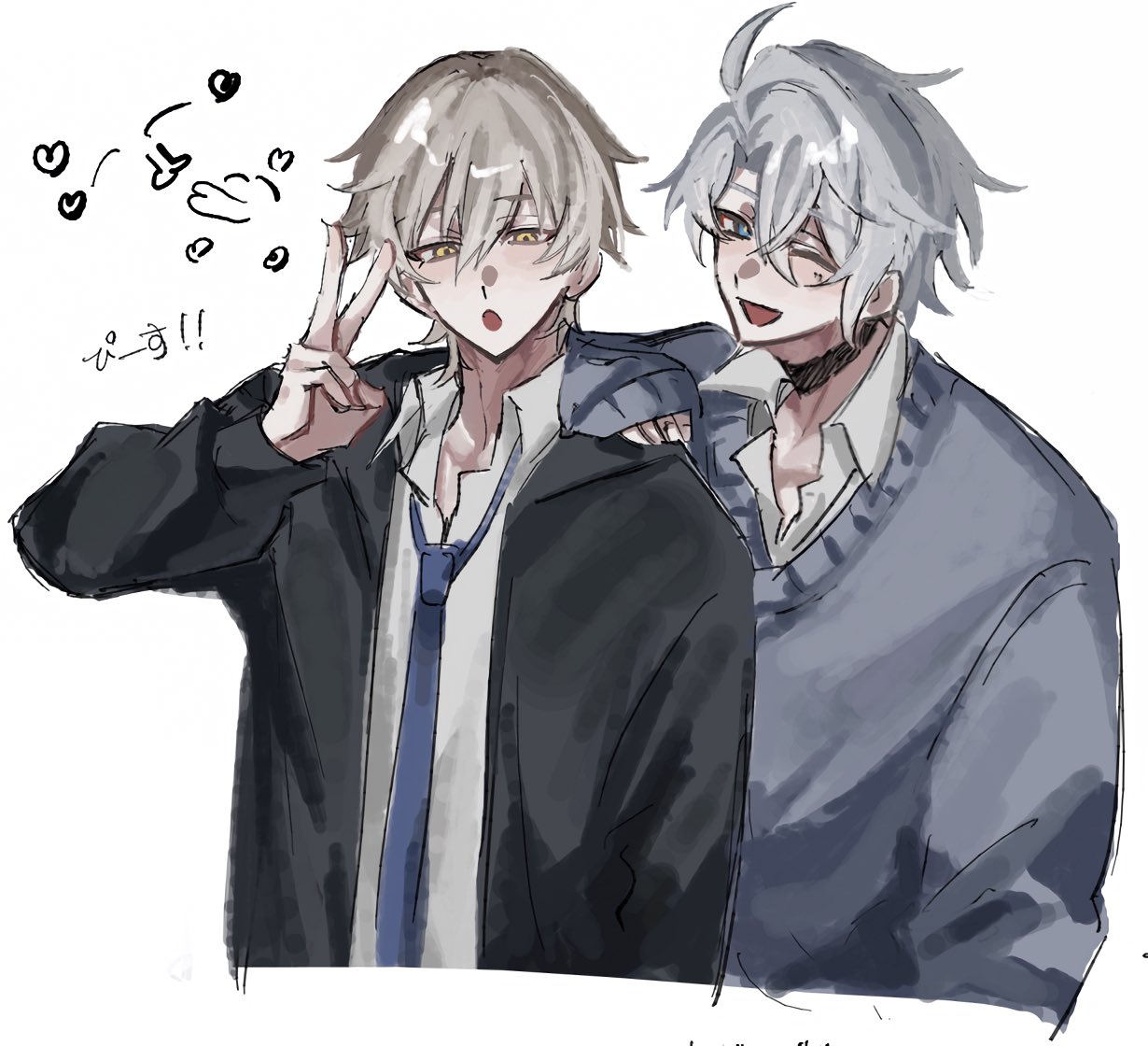 caelus (honkai: star rail), phainon (honkai: star rail), trailblazer (honkai: star rail), honkai: star rail, honkai (series), commentary request, 2boys, ai se na, alternate costume, antenna hair, black choker, black jacket, blue eyes, blue necktie, choker, collared shirt, crossed bangs, grey hair, grey sweater, hair between eyes, half-closed eyes, hand on another's shoulder, hand up, heart, hood, hooded jacket, jacket, long sleeves, looking at viewer, male focus, multiple boys, necktie, one eye closed, open clothes, open jacket, open mouth, puffy long sleeves, puffy sleeves, shirt, short hair, simple background, smile, sweater, upper body, v, white background, white shirt, yellow eyes, yellow pupils
