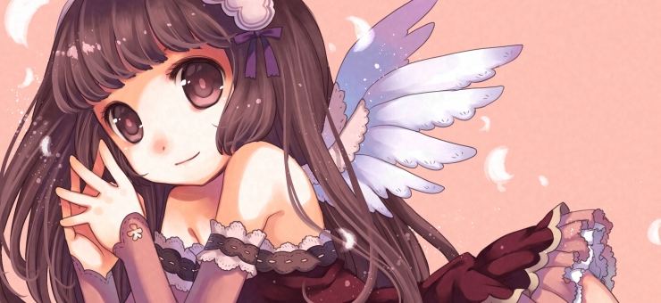 wasabi (sekai), original, bad id, bad pixiv id, brown eyes, brown hair, dress, feathers, headdress, long hair, solo, steepled fingers, wings