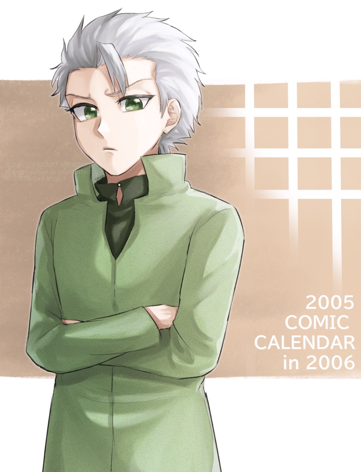 1046sstep btoh, hitsugaya toushirou, bleach, commentary request, highres, 1boy, coat, frown, green coat, green eyes, green shirt, grey hair, male focus, official alternate costume, serious, shirt, solo, upper body, v-shaped eyebrows, watermark