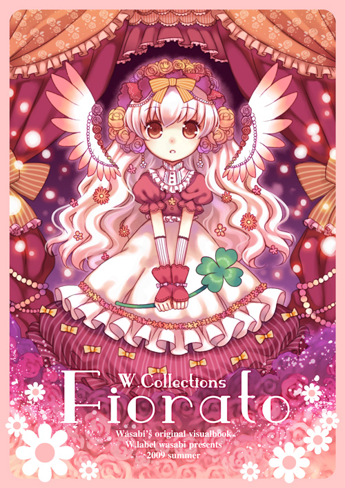 wasabi (sekai), bad id, bad pixiv id, 1girl, bow, clover, dress, female focus, flower, four-leaf clover, hair bow, hair flower, hair ornament, long hair, solo, wings