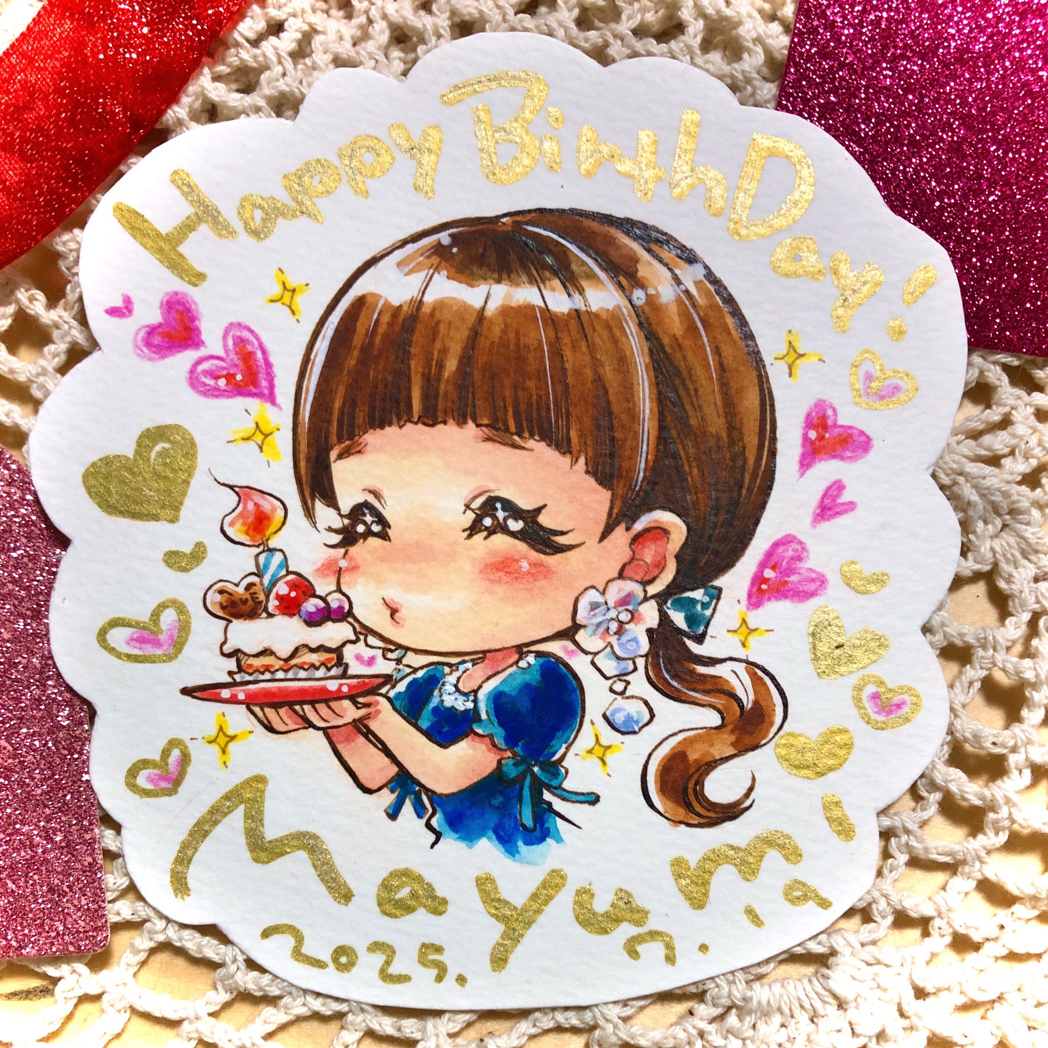 marine (confeitokobo), real life, commentary request, highres, marker (medium), traditional media, 1girl, birthday, birthday cake, blue dress, blunt bangs, blush, cake, candle, chibi, chibi only, closed eyes, dated, dress, earrings, flower earrings, food, happy birthday, heart, heart print, jewelry, mayumi kaneko (voice actor), ponytail, puckered lips, short eyebrows, star (symbol), star print, voice actor