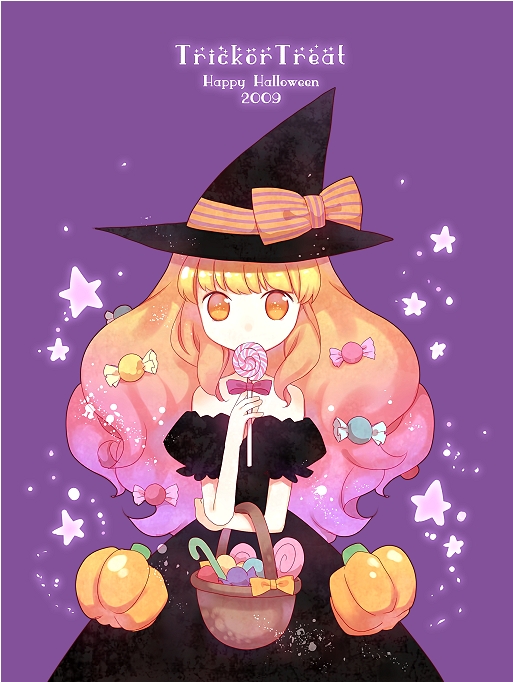 wasabi (sekai), bad id, bad pixiv id, 00s, 1girl, 2009, basket, bow, candy, dress, female focus, food, gradient hair, halloween, happy halloween, hat, lollipop, long hair, multicolored hair, no nose, pumpkin, purple background, solo, star (symbol), swirl lollipop, trick or treat, witch hat