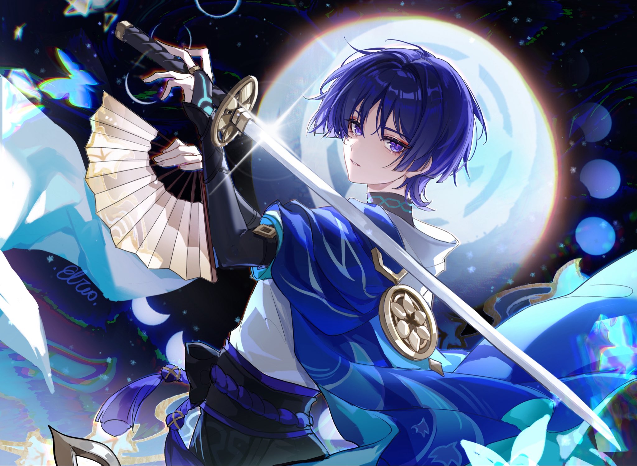 elicooc, scaramouche (genshin impact), wanderer (genshin impact), genshin impact, highres, 1boy, dress, fingerless gloves, folding fan, gloves, gold trim, hand fan, high collar, holding, holding fan, holding sword, holding weapon, japanese clothes, looking at viewer, male focus, purple dress, purple eyes, solo, sword, tassel, upper body, watermark, weapon