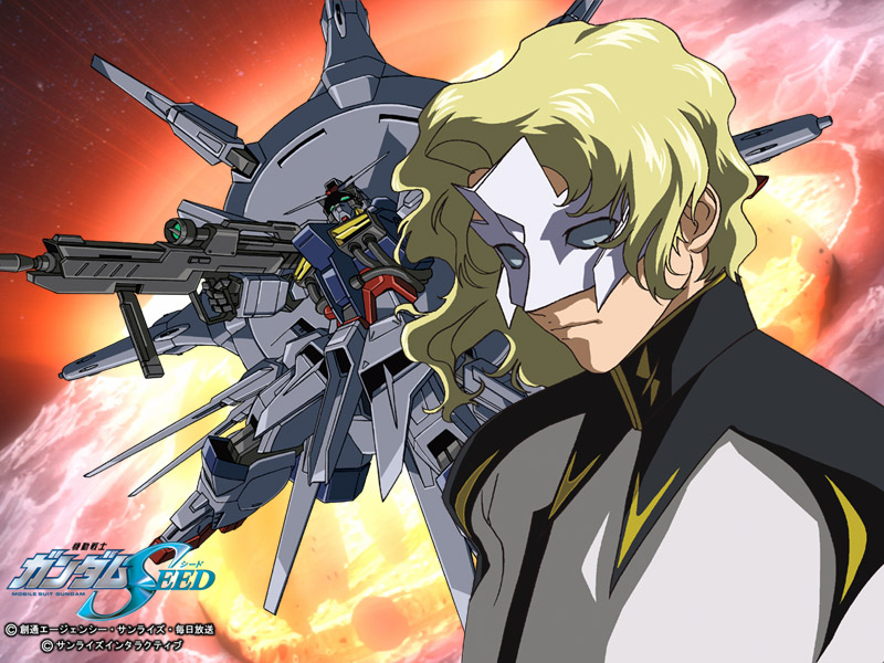 hirai hisashi, providence gundam, rau le creuset, gundam, gundam seed, third-party edit, 00s, blonde hair, explosion, mask, mecha, moon, robot, space, zaft