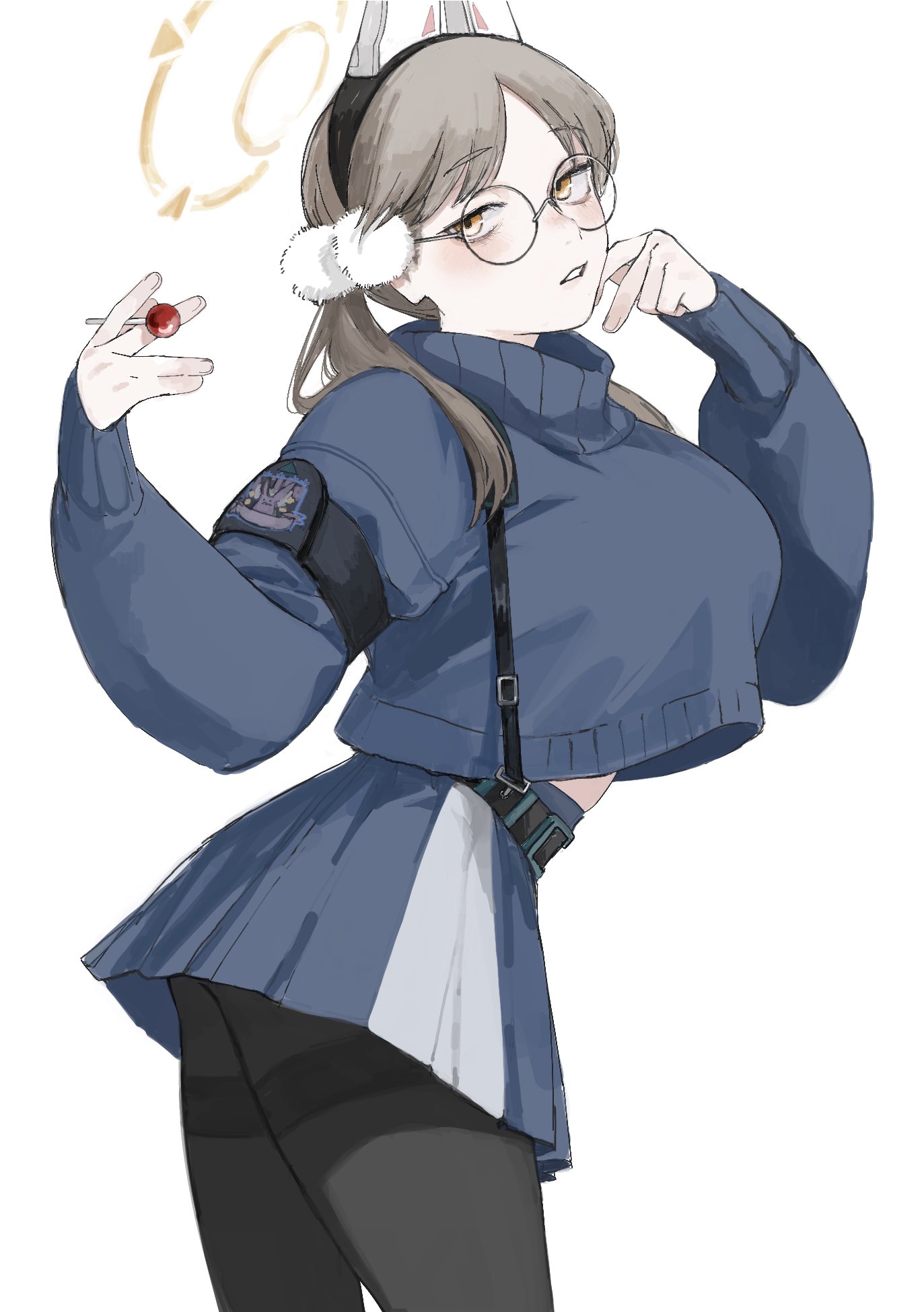 kawatiw, moe (blue archive), blue archive, highres, 1girl, animal ear hairband, animal ears, black hairband, black pantyhose, blue skirt, blue sweater, breasts, candy, cowboy shot, cropped sweater, fake animal ears, food, glasses, grey hair, hair ornament, hairband, halo, hands up, holding, holding candy, holding food, holding lollipop, large breasts, lollipop, long hair, miniskirt, pantyhose, pleated skirt, pom pom (clothes), pom pom hair ornament, rabbit ears, round eyewear, simple background, skirt, solo, sweater, yellow eyes, yellow halo