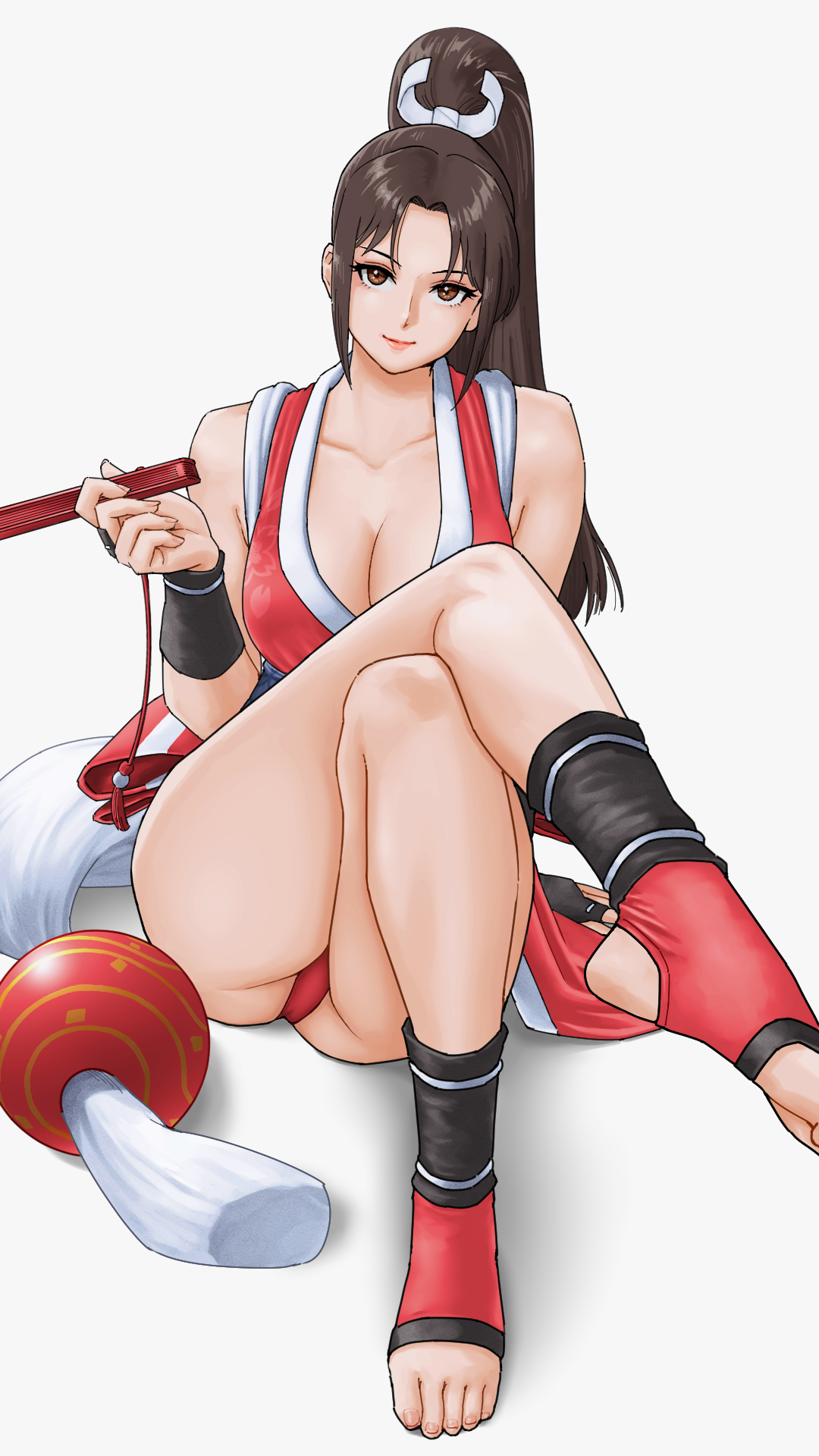 x chitch, shiranui mai, fatal fury, the king of fighters, commentary request, highres, 1girl, bare shoulders, breasts, brown eyes, brown hair, cleavage, closed mouth, collarbone, crossed legs, full body, hand fan, high ponytail, holding, holding fan, japanese clothes, kimono, large breasts, long hair, panties, ponytail, red kimono, red panties, simple background, sitting, smile, solo, toeless legwear, underwear, white background