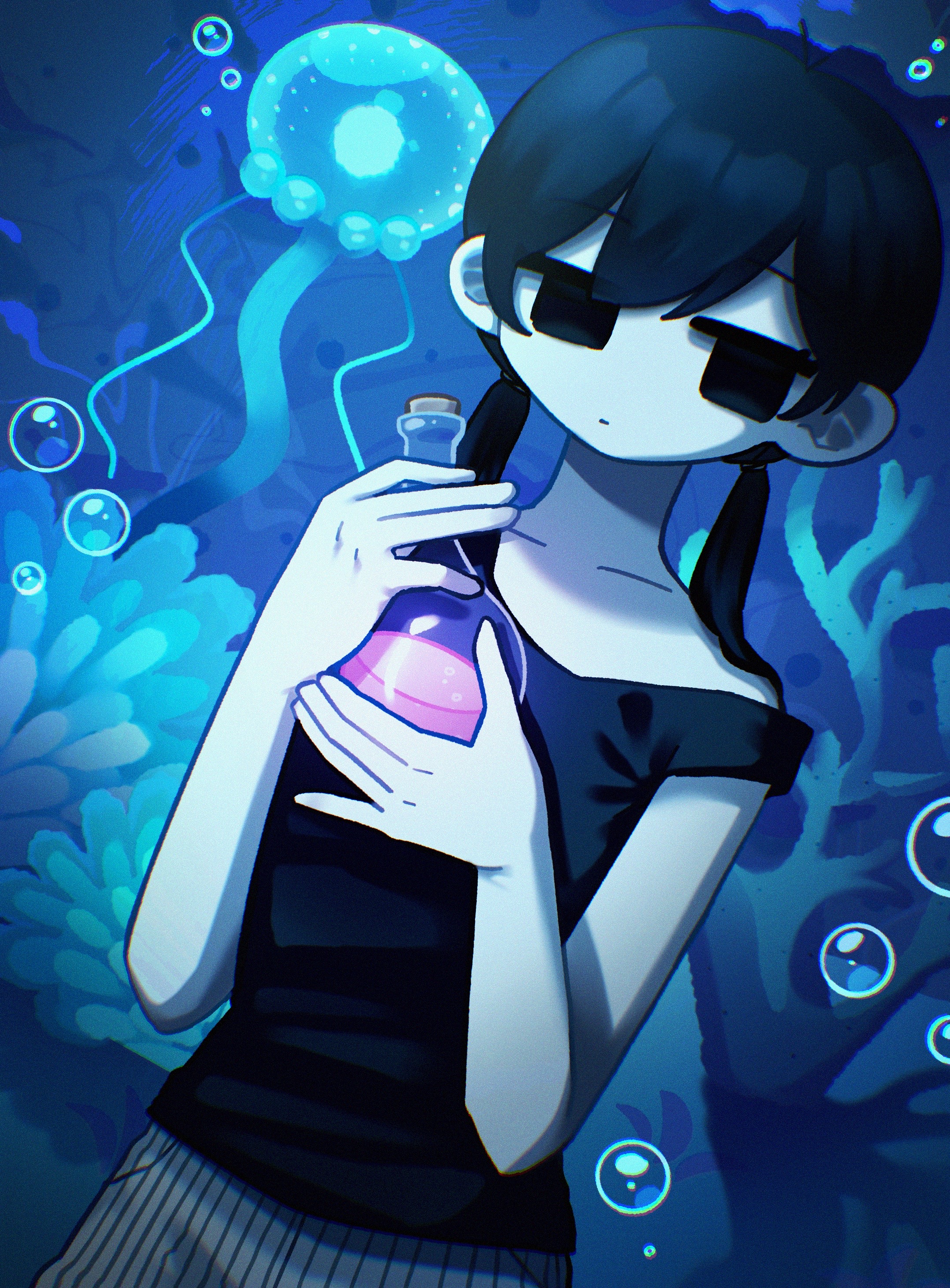 yksm oe, omori (omori), omori, absurdres, commentary request, highres, 1girl, antenna hair, black eyes, black hair, black tank top, closed mouth, collarbone, colored skin, double-parted bangs, expressionless, genderswap, genderswap (mtf), hair between eyes, jellyfish, long hair, looking at viewer, low twintails, short twintails, solo, tank top, twintails, white skin