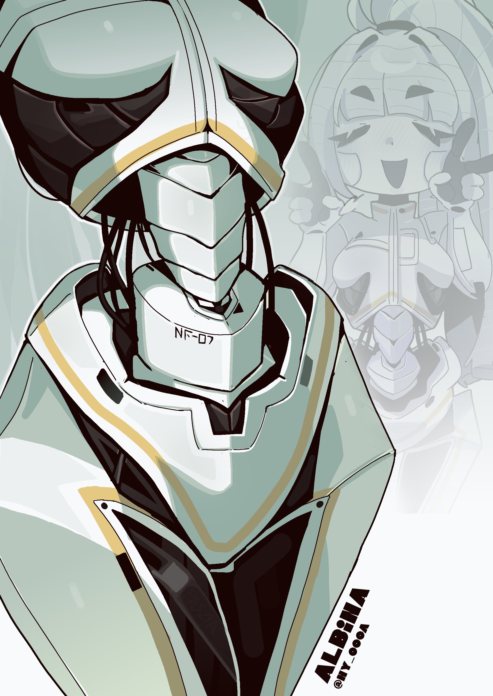 ny 000a, albina (project moon), limbus company, project moon, absurdres, commentary, english commentary, highres, 1girl, :d, breasts, character name, closed eyes, colored skin, cowboy shot, double v, head out of frame, metal skin, multiple views, open mouth, ponytail, projected inset, robot girl, small breasts, smile, twitter username, v, white hair, white skin, wide hips