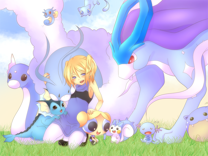 shirayuki touya, altaria, bubbles (ppg), dratini, horsea, mew (pokemon), pachirisu, spheal, suicune, vaporeon, wooper, cartoon network, nintendo, pokemon, pokemon gsc, powerpuff girls, 1990s (style), 2girls, alternate color, blonde hair, blue eyes, blue theme, chibi, crossover, dual persona, gen 1 pokemon, gen 2 pokemon, gen 3 pokemon, gen 4 pokemon, grass, headpat, legendary pokemon, multiple girls, mythical pokemon, naughty face, open mouth, pantyhose, pokemon (creature), red eyes, retro artstyle, shiny pokemon, sky, white pantyhose