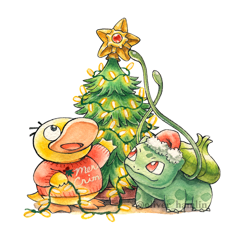 oliver hamlin, bulbasaur, psyduck, staryu, nintendo, pokemon, commentary, english commentary, animal focus, beak, bird, christmas lights, christmas star, christmas tree, closed mouth, clothed pokemon, duck, gen 1 pokemon, hat, no humans, open mouth, plant, pokemon (creature), pokemon focus, red eyes, red hat, red sweater, santa hat, smile, sweater, tail, vines