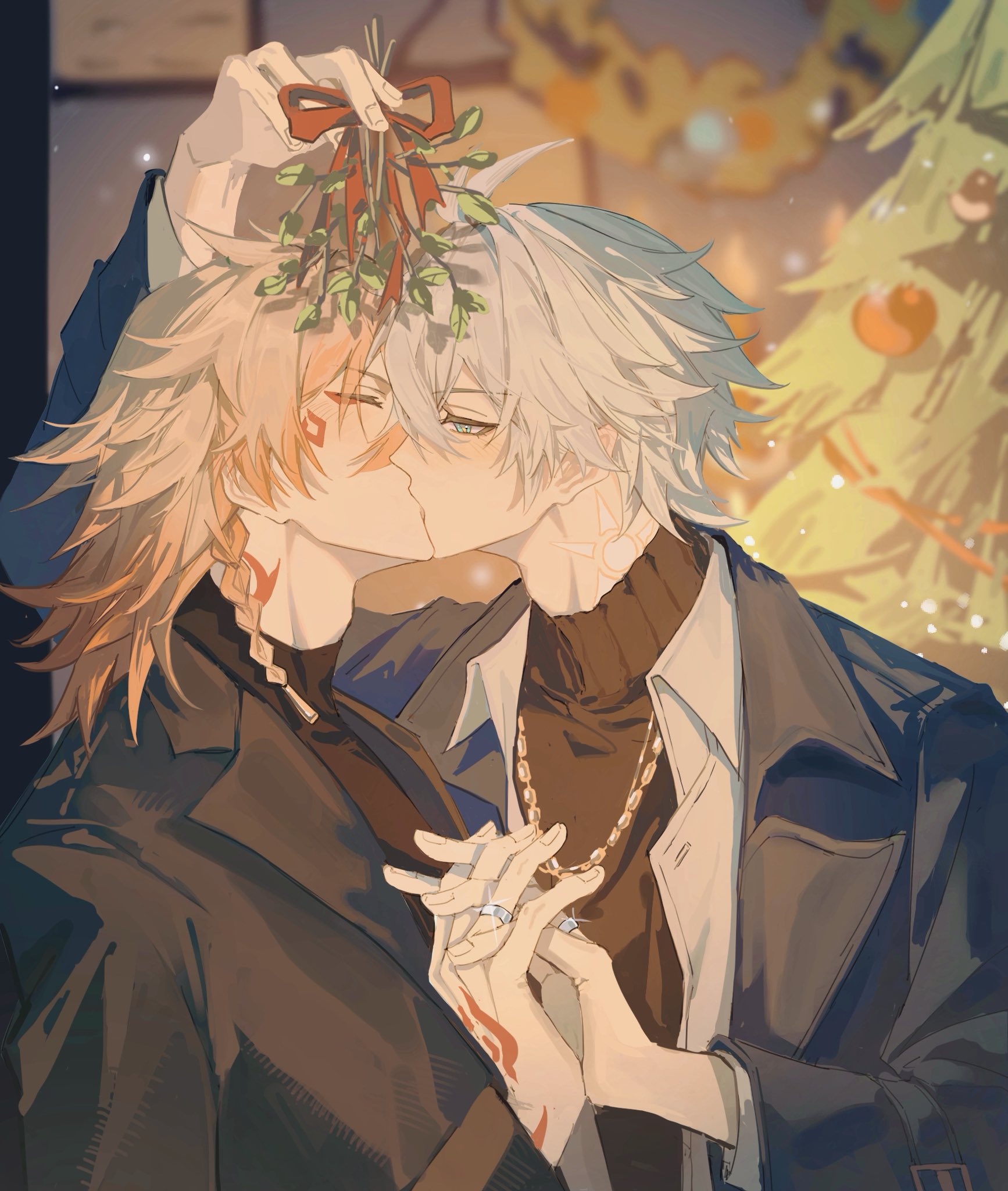 mydei (honkai: star rail), phainon (honkai: star rail), honkai: star rail, honkai (series), hashtag-only commentary, highres, 2boys, blue eyes, christmas tree, facial tattoo, grey hair, hand tattoo, holding, holding hands, holding mistletoe, jewelry, kiss, layered clothes, male focus, mistletoe, moo5301, multiple boys, multiple rings, neck tattoo, orange hair, red tattoo, ring, sweater, tattoo, turtleneck, turtleneck sweater, yellow pupils