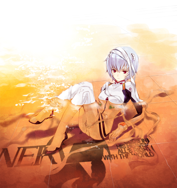 smallbug, ayanami rei, neon genesis evangelion, silver hair, 1girl, arm support, bandages, blue hair, bodysuit, bracer, breasts, caustics, english text, expressionless, female focus, from side, full body, gloves, hair between eyes, knees up, lcl, leaning back, mecha pilot suit, nerv, partially submerged, plugsuit (evangelion), red eyes, shadow, short hair, sitting, skinny, small breasts, solo, turtleneck