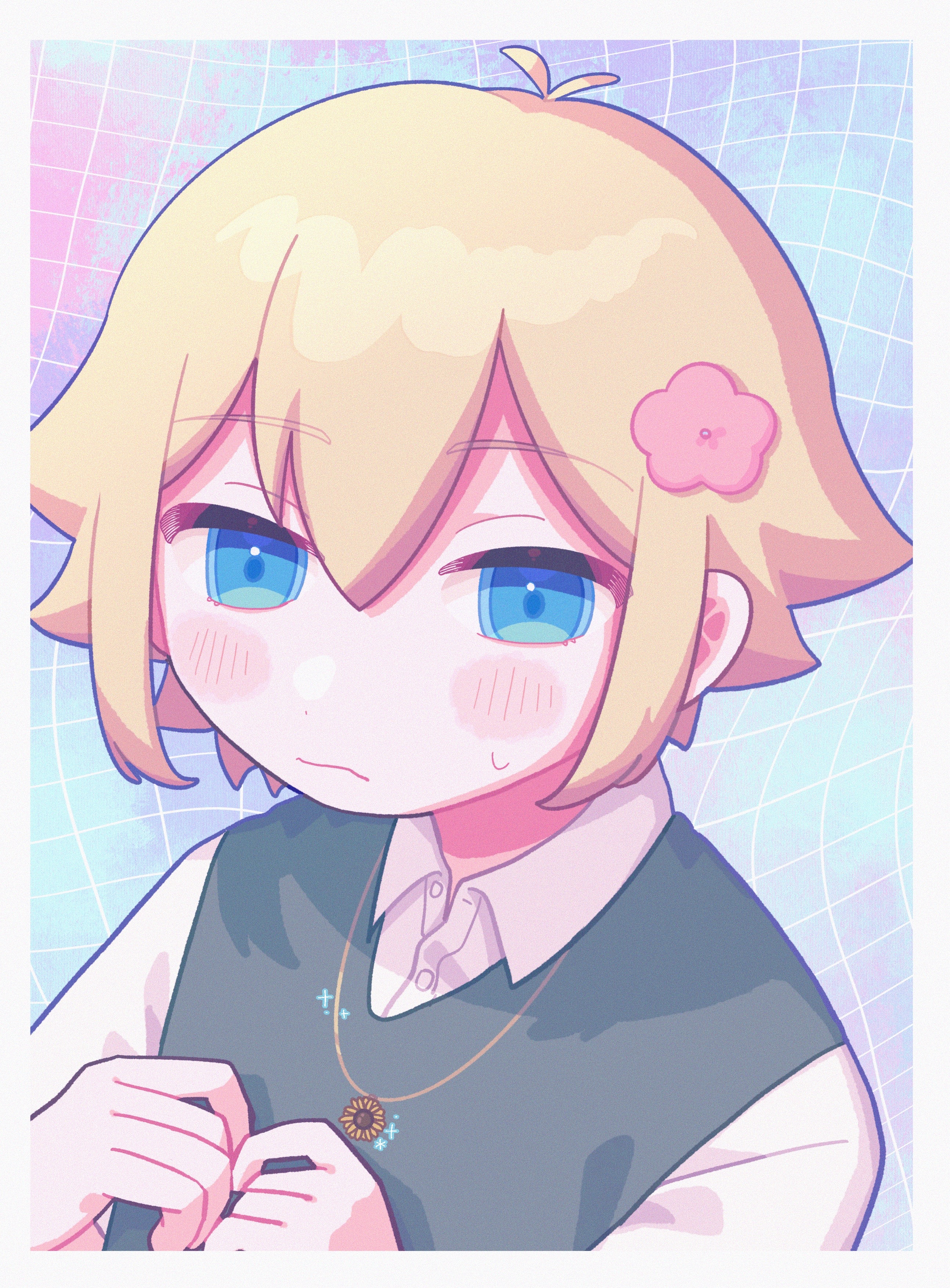 yksm oe, basil (faraway) (omori), basil (omori), omori, absurdres, commentary request, highres, 1boy, antenna hair, blonde hair, blue eyes, blush, closed mouth, collared shirt, double-parted bangs, flower, flower necklace, green sweater vest, hair between eyes, hair flower, hair ornament, jewelry, looking at viewer, male focus, necklace, shirt, short hair, sidelocks, solo, sweatdrop, sweater vest, upper body, white shirt