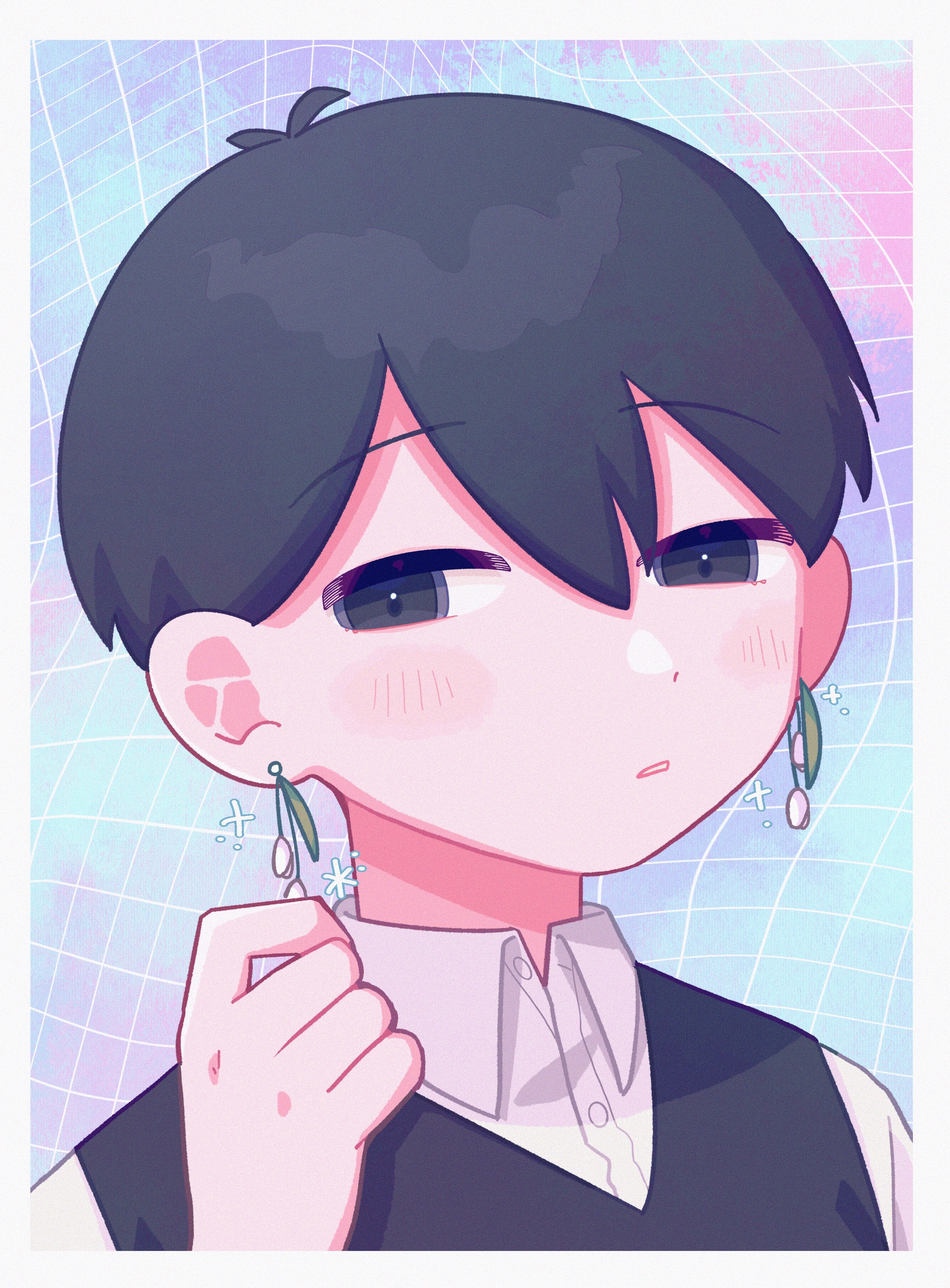 yksm oe, sunny (omori), omori, absurdres, commentary request, highres, 1boy, antenna hair, black eyes, black hair, black sweater vest, closed mouth, collared shirt, double-parted bangs, earrings, flower earrings, hair between eyes, jewelry, looking at viewer, male focus, shirt, short hair, solo, sweater vest, upper body, white shirt