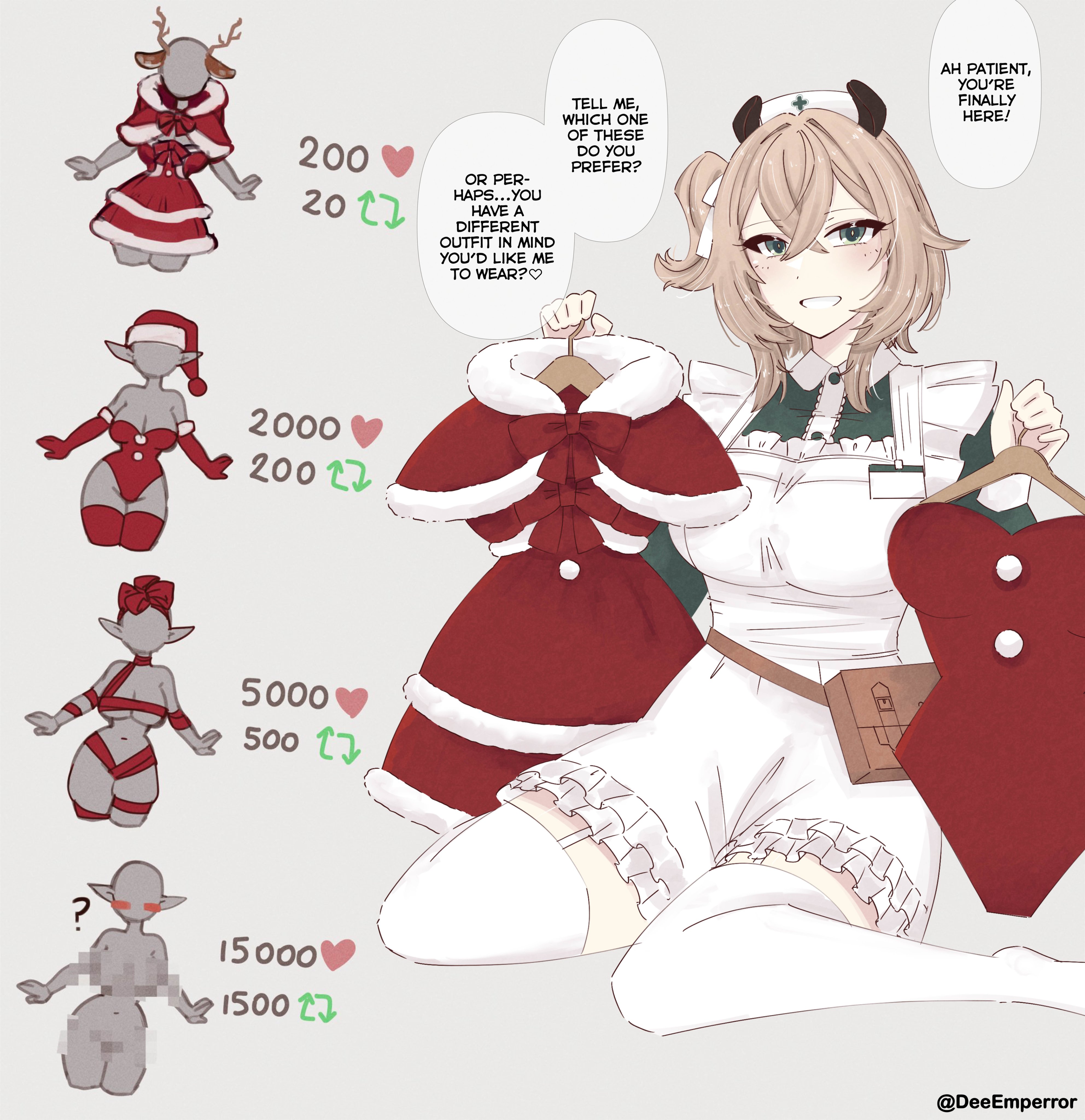 dee (deeemperror), nimi nightmare, indie virtual youtuber, absurdres, commentary, english commentary, highres, 1girl, animal ears, apron, blue dress, breasts, brown hair, christmas, dress, green eyes, grey background, hat, kneeling, large breasts, leotard, nurse cap, one side up, red dress, red leotard, simple background, solo, tapir ears, tapir girl, thighhighs, twitter strip game parody, unworn dress, unworn leotard, virtual youtuber, white apron, white thighhighs