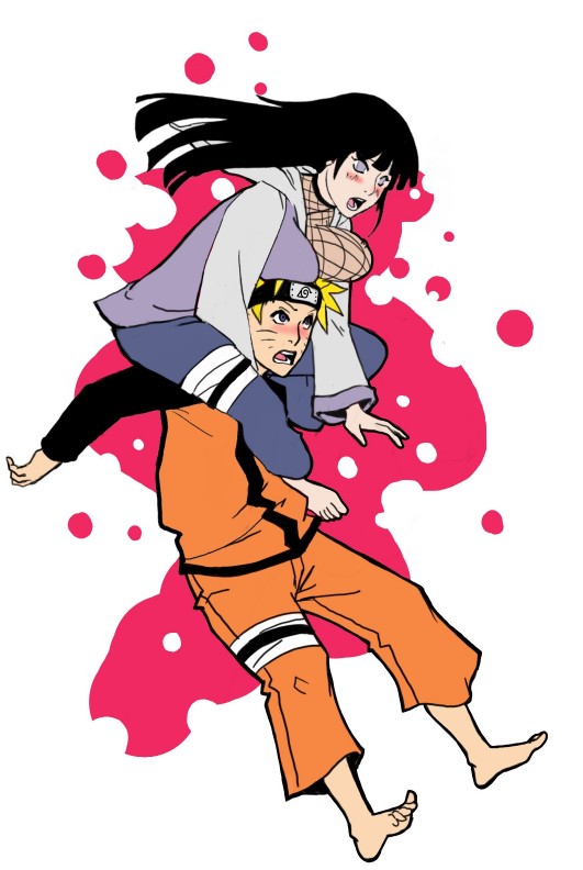 tentacle monster chu, hyuuga hinata, uzumaki naruto, naruto (classic), naruto (series), 1boy, 1girl, barefoot, black hair, blush, breast rest, breasts, breasts on head, bursting breasts, carrying, cleavage, couple, piggyback