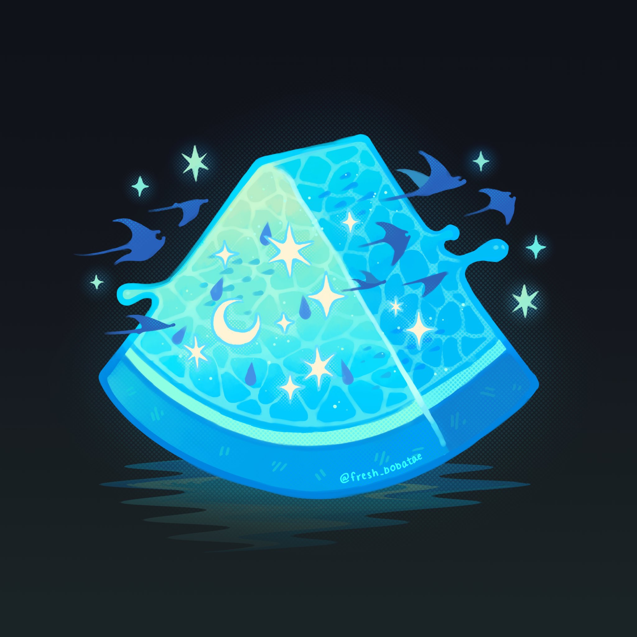 emily kim, original, commentary, english commentary, highres, animal, animal focus, artist name, black background, blue theme, caustics, crescent moon, fish, floating, flying fish, food, food focus, fruit, glowing, halftone, liquid, manta ray, monochrome, moon, no humans, ocean, reflection, reflective liquid, simple background, sparkle, star (symbol), water, watermelon, watermelon slice