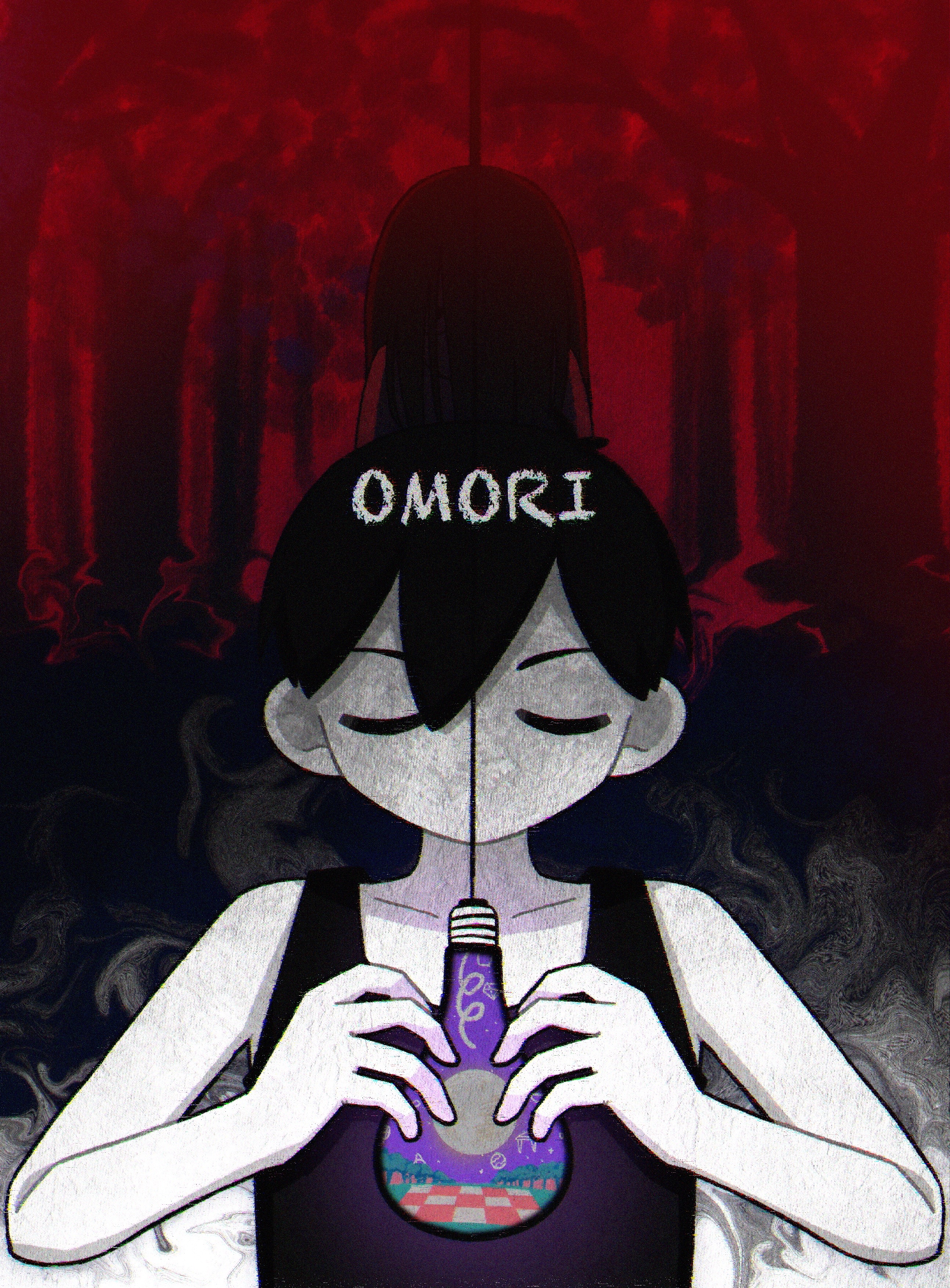 yksm oe, mari (faraway) (omori), mari (omori), omori (omori), omori, absurdres, commentary request, highres, spoilers, 1boy, 1girl, antenna hair, black hair, black tank top, closed eyes, collarbone, colored skin, copyright name, double-parted bangs, hair between eyes, hanged, light bulb, long hair, no mouth, short hair, tank top, tree, upper body, white skin