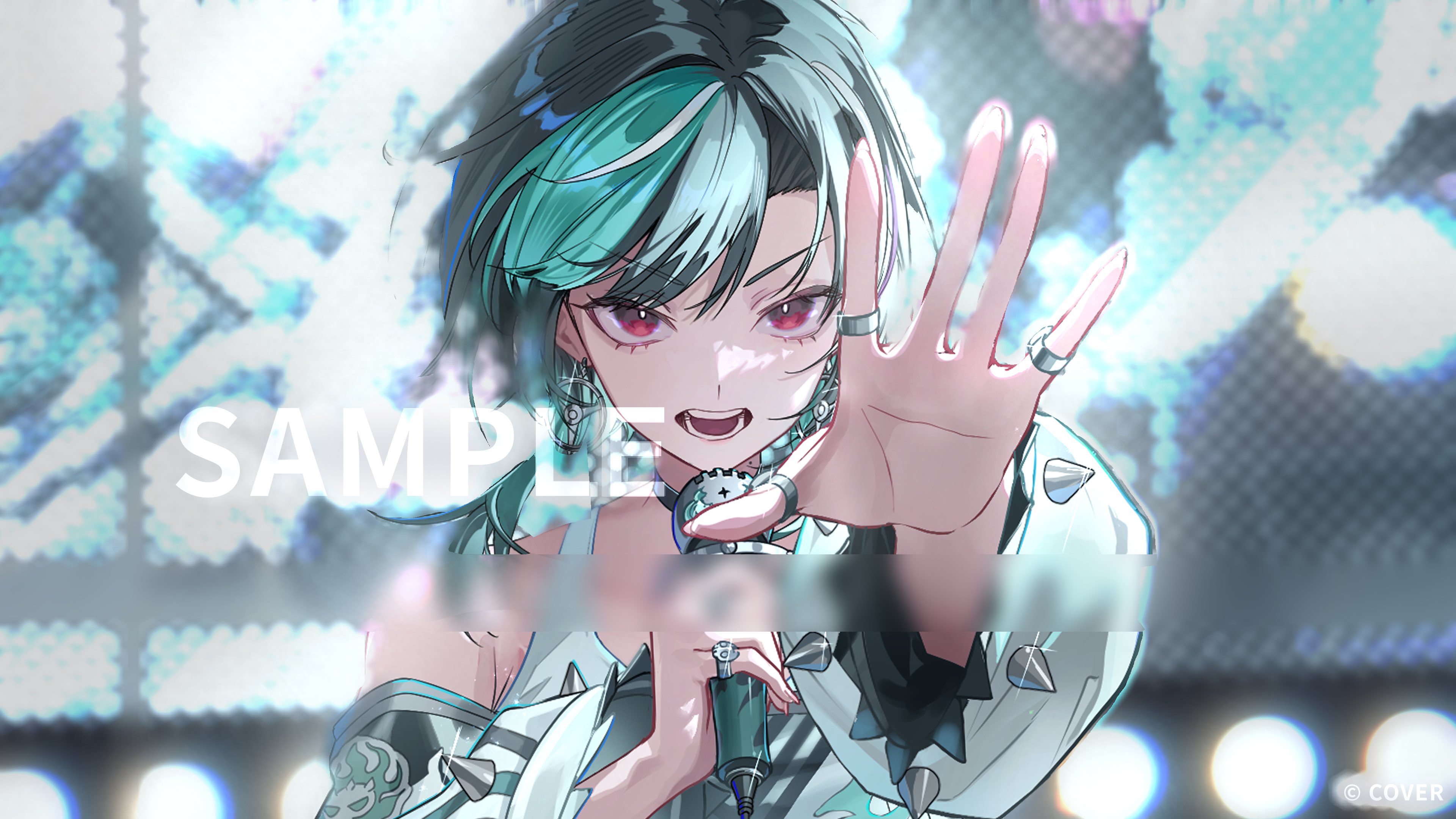 hitohachan, rindo chihaya, rindo chihaya (1st costume), hololive, hololive dev is, absurdres, commentary, highres, official art, 1girl, aqua hair, black choker, black hair, choker, detached sleeves, earrings, eyelashes, foreshortening, holding, holding microphone, index ring, jewelry, looking at viewer, medium hair, microphone, multicolored hair, multiple rings, music, open hand, open mouth, outstretched arm, pinky ring, red eyes, ring, sample watermark, singing, solo, spiked sleeves, stage lights, steering wheel, swept bangs, tank top, thumb ring, tsurime, upper body, v-shaped eyebrows, virtual youtuber, watermark, wheel earring, white hair, white tank top