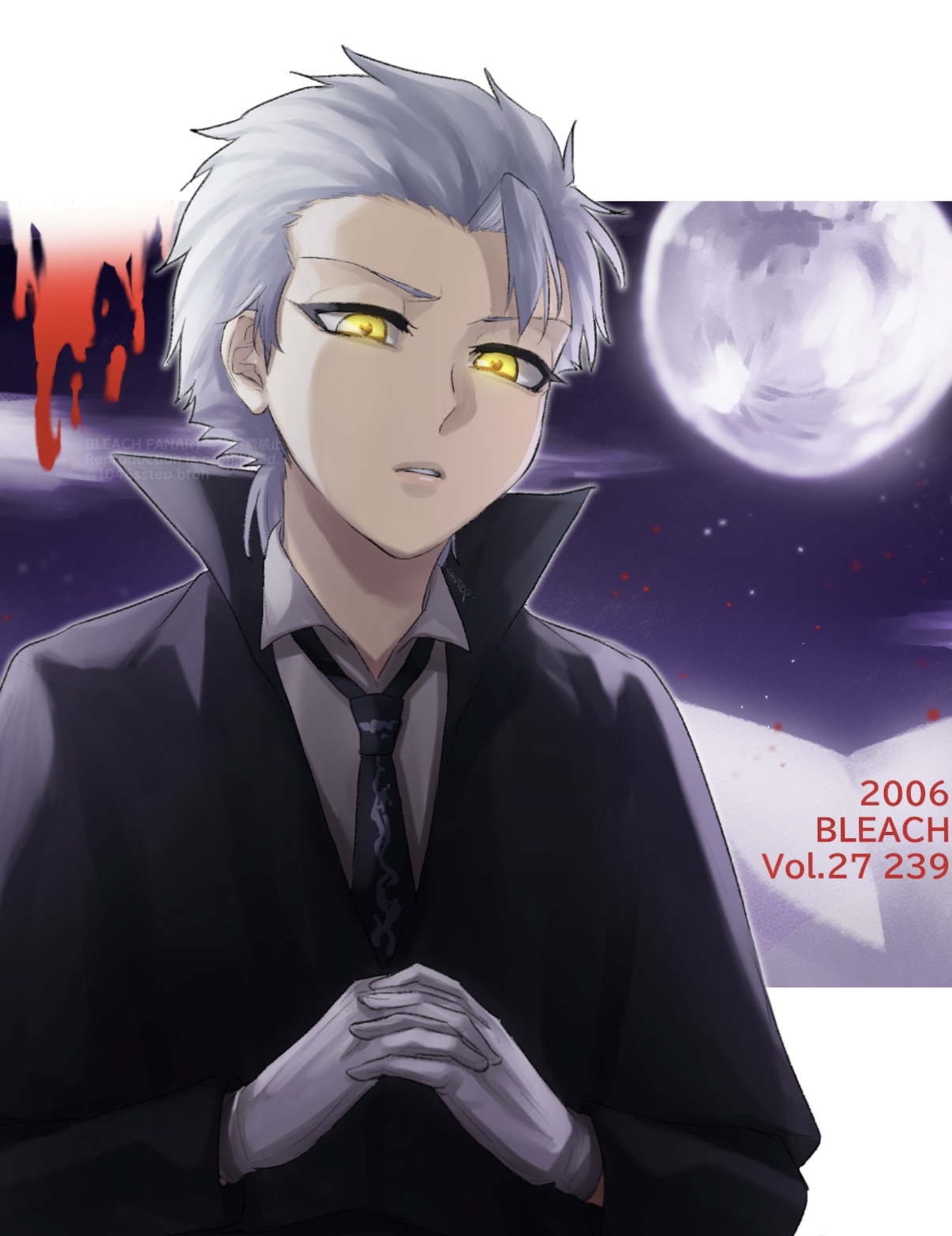 1046sstep btoh, hitsugaya toushirou, bleach, commentary request, highres, 1boy, black capelet, black jacket, black necktie, black sky, capelet, full moon, grey hair, grey shirt, interlocked fingers, jacket, loose socks, male focus, moon, necktie, official alternate costume, official alternate eye color, parted lips, shirt, sky, socks, solo, upper body, yellow eyes