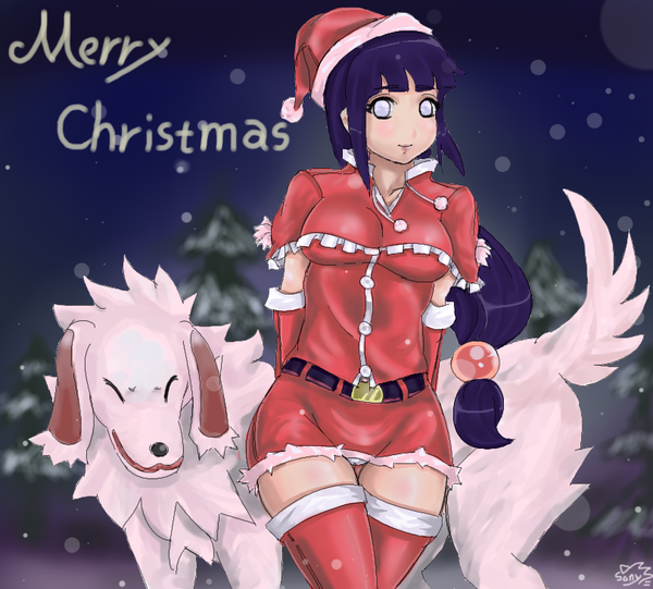 sakuama, akamaru (naruto), hyuuga hinata, naruto (classic), naruto (series), image sample, pixiv sample, resized, 1girl, blue hair, christmas, dog, hat, long hair, looking at viewer, panties, santa costume, santa hat, standing, thighhighs, underwear, white eyes