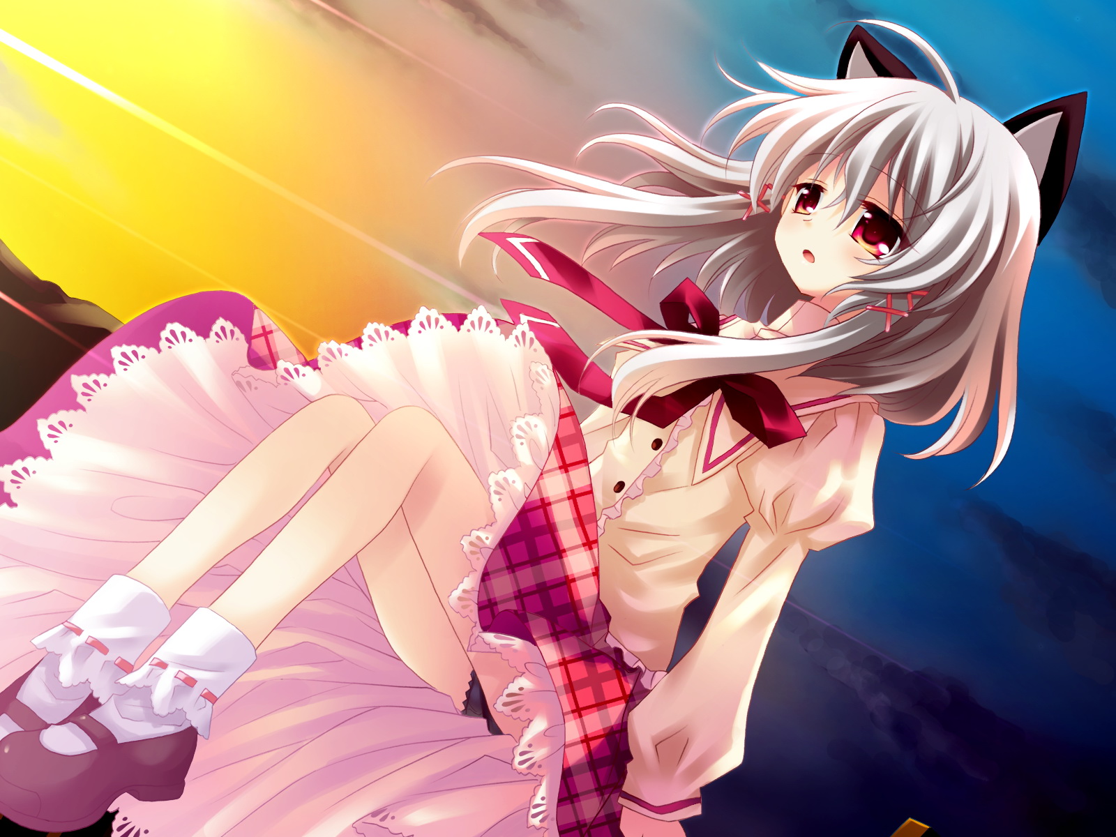 sakurazawa izumi, sakuramori akasha, hanafubuki, highres, ahoge, animal ears, black panties, blazer, cat ears, frills, grey hair, jacket, legs, mary janes, outdoors, panties, pantyshot, red eyes, shoes, sitting, socks, solo, underwear, upskirt