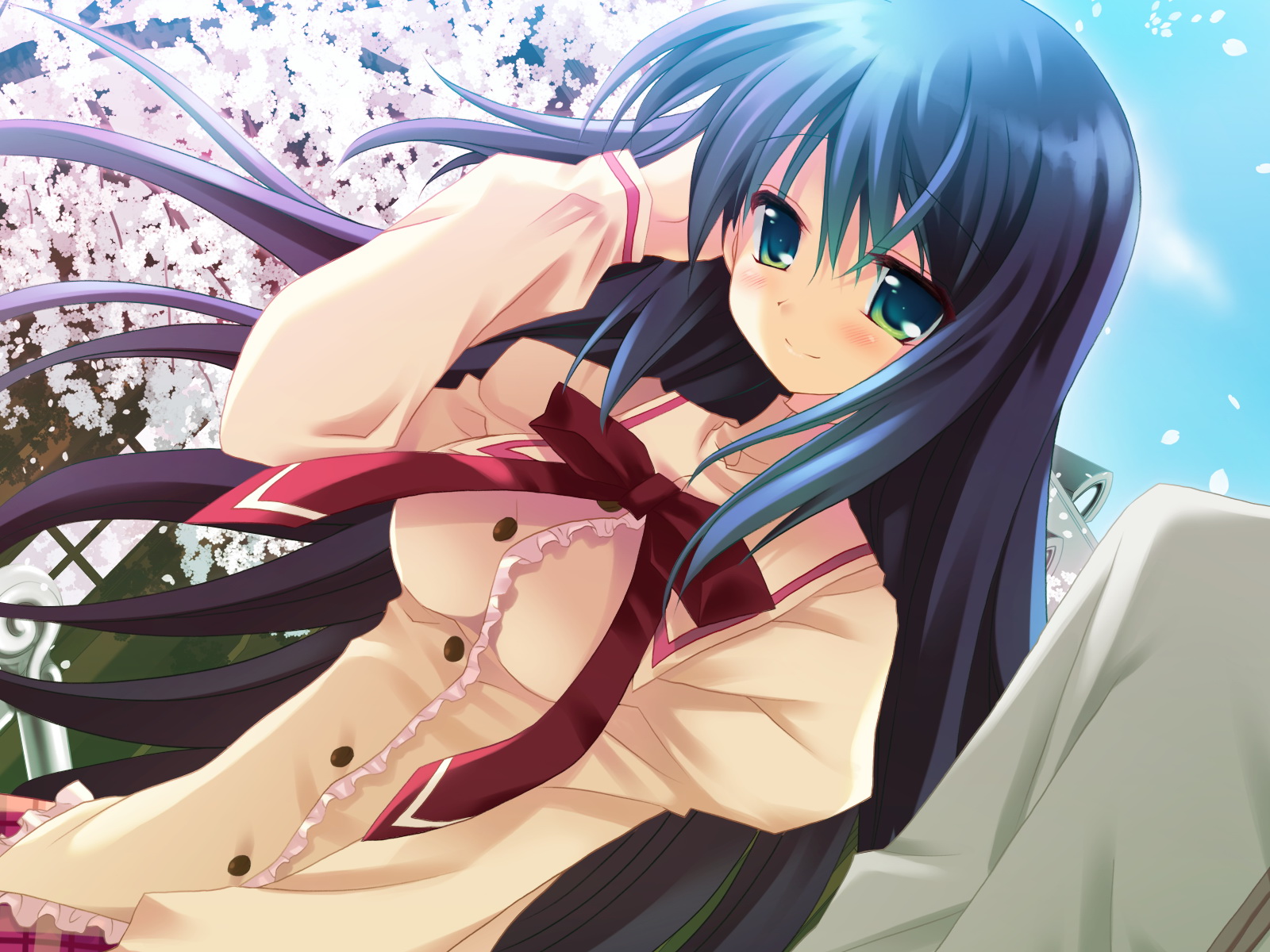 sakurazawa izumi, highres, 1girl, aqua eyes, black hair, blazer, blush, day, female focus, frills, jacket, long hair, nature, outdoors, school uniform, sky, smile, solo, very long hair