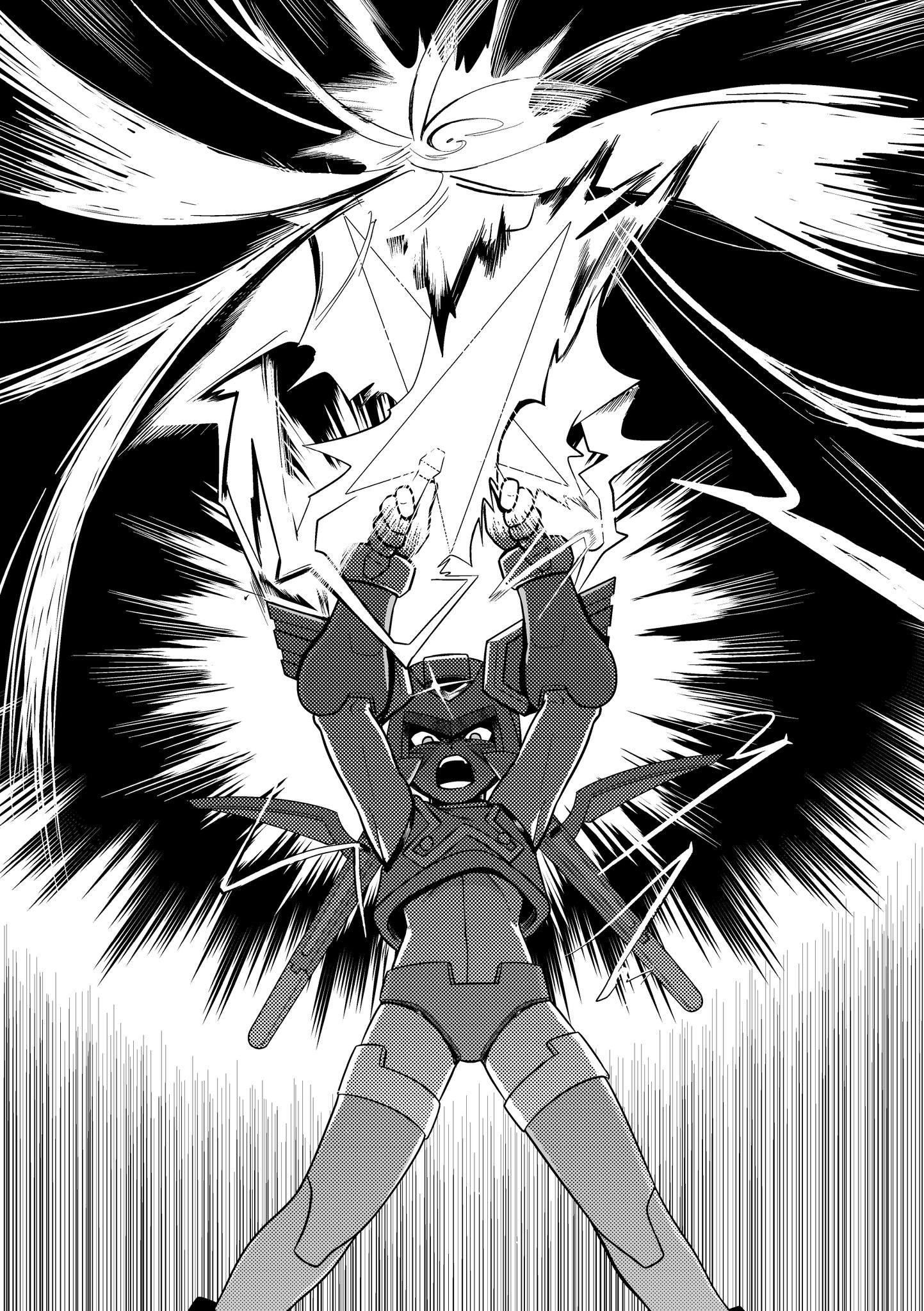 mr cairox, sage harpuia (mega man), mega man (series), mega man zero (series), mega man zero 2, commentary request, highres, 1boy, armor, arms up, cowboy shot, dual wielding, electricity, energy sword, facial mark, forehead jewel, greyscale, halftone, helmet, holding, holding sword, holding weapon, mechanical arms, monochrome, motion lines, open mouth, speed lines, sword, weapon, wind