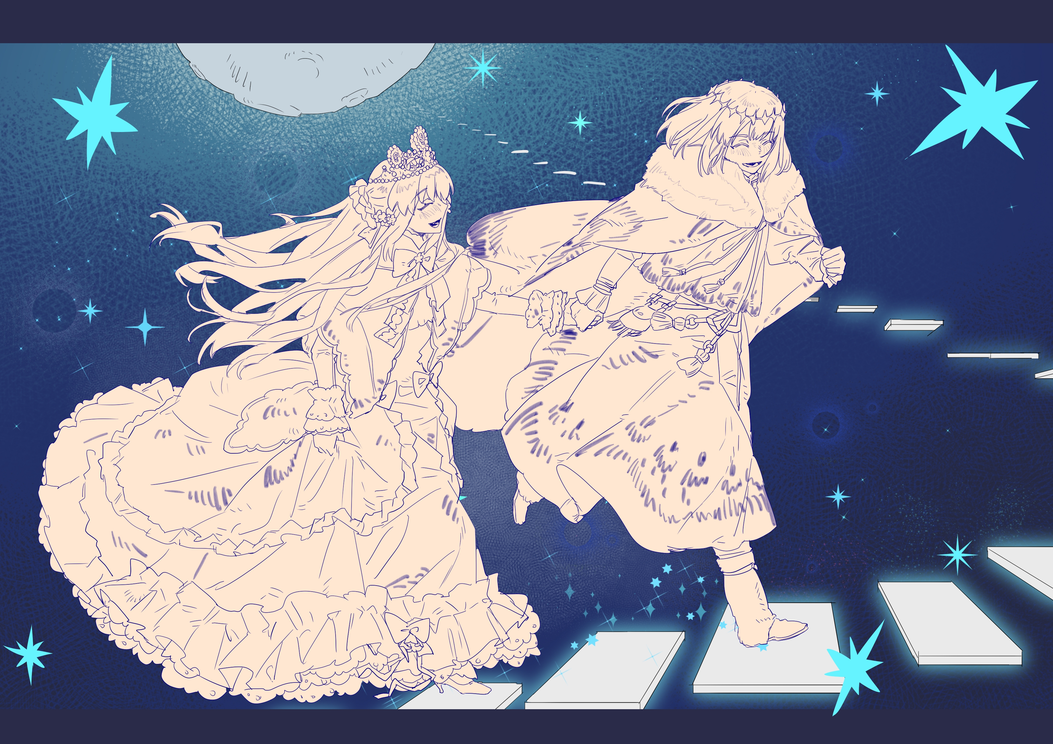 morgan le fay (fate), oberon (fate), fate/grand order, fate (series), absurdres, chinese commentary, commentary request, commission, highres, third-party source, 1boy, 1girl, blue eyes, blush, braid, closed eyes, crown, dress, full body, fur trim, hair between eyes, half up braid, holding hands, long hair, moon, open mouth, running, short hair, sky, smile, star (sky), starry sky, very long hair, white hair