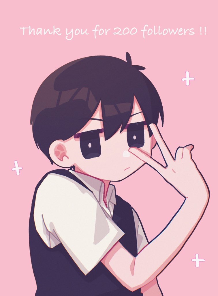 yksm oe, sunny (omori), omori, commentary request, 1boy, antenna hair, black eyes, black hair, black sweater vest, bright pupils, closed mouth, collared shirt, double-parted bangs, english text, hair between eyes, looking at viewer, male focus, milestone celebration, pink background, shirt, short hair, short sleeves, simple background, solo, sweater vest, upper body, v, v over eye, white pupils, white shirt