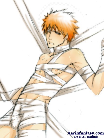 kurosaki ichigo, bleach, 00s, 1boy, bandages, bdsm, bondage, bound, bulge, erection, erection under clothes, male focus, penis, red hair, solo, white background