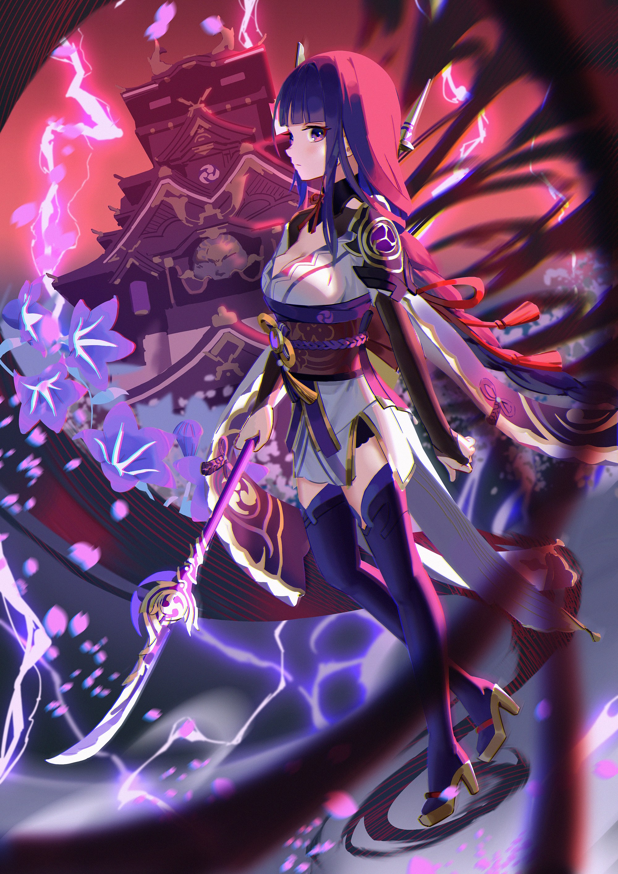 cavcaz, raiden shogun, genshin impact, absurdres, commentary request, highres, 1girl, architecture, armor, blunt bangs, blurry, braid, breasts, bridal gauntlets, cleavage, closed mouth, depth of field, east asian architecture, electricity, engulfing lightning (genshin impact), falling petals, flower, from side, full body, hair ornament, japanese clothes, kimono, large breasts, lingerie, long braid, long hair, looking at viewer, looking to the side, mitsudomoe (shape), official alternate hairstyle, outdoors, petals, purple eyes, purple kimono, red background, red sash, red sky, sash, shoulder armor, single braid, sky, solo, thighhighs, thighs, tomoe (symbol), underwear