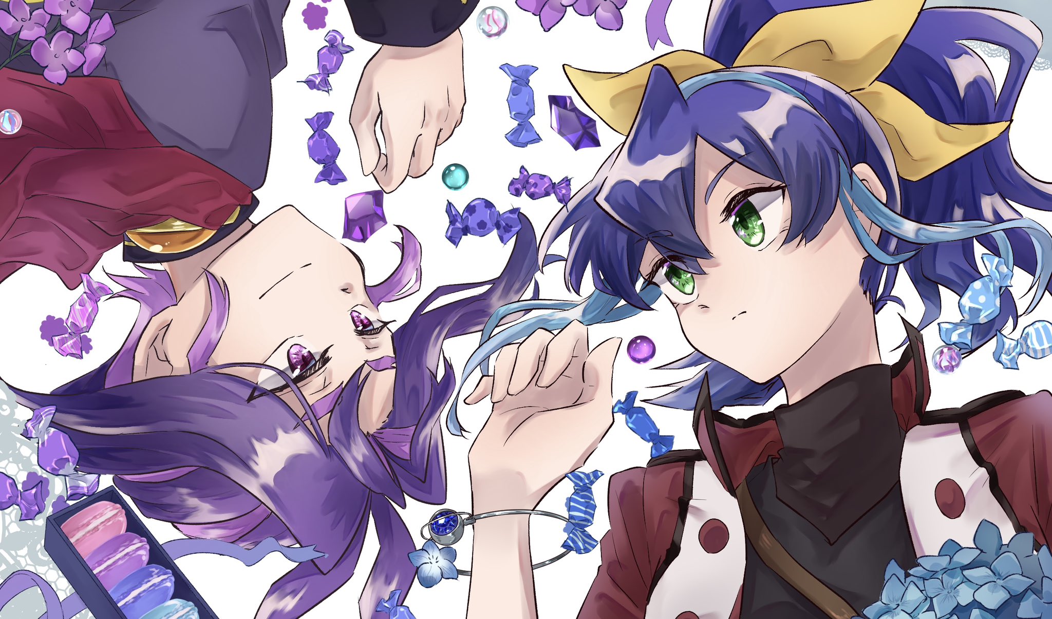 risacan6627, joeri (yu-gi-oh!), serena (yu-gi-oh!), yu-gi-oh!, yu-gi-oh! arc-v, highres, black shirt, blue hair, candy, food, green eyes, hair ribbon, high ponytail, jacket, long hair, multicolored hair, open clothes, open jacket, ponytail, purple eyes, purple hair, red jacket, ribbon, rotational symmetry, shirt, short hair, smile, two-tone hair, white background, yellow ribbon