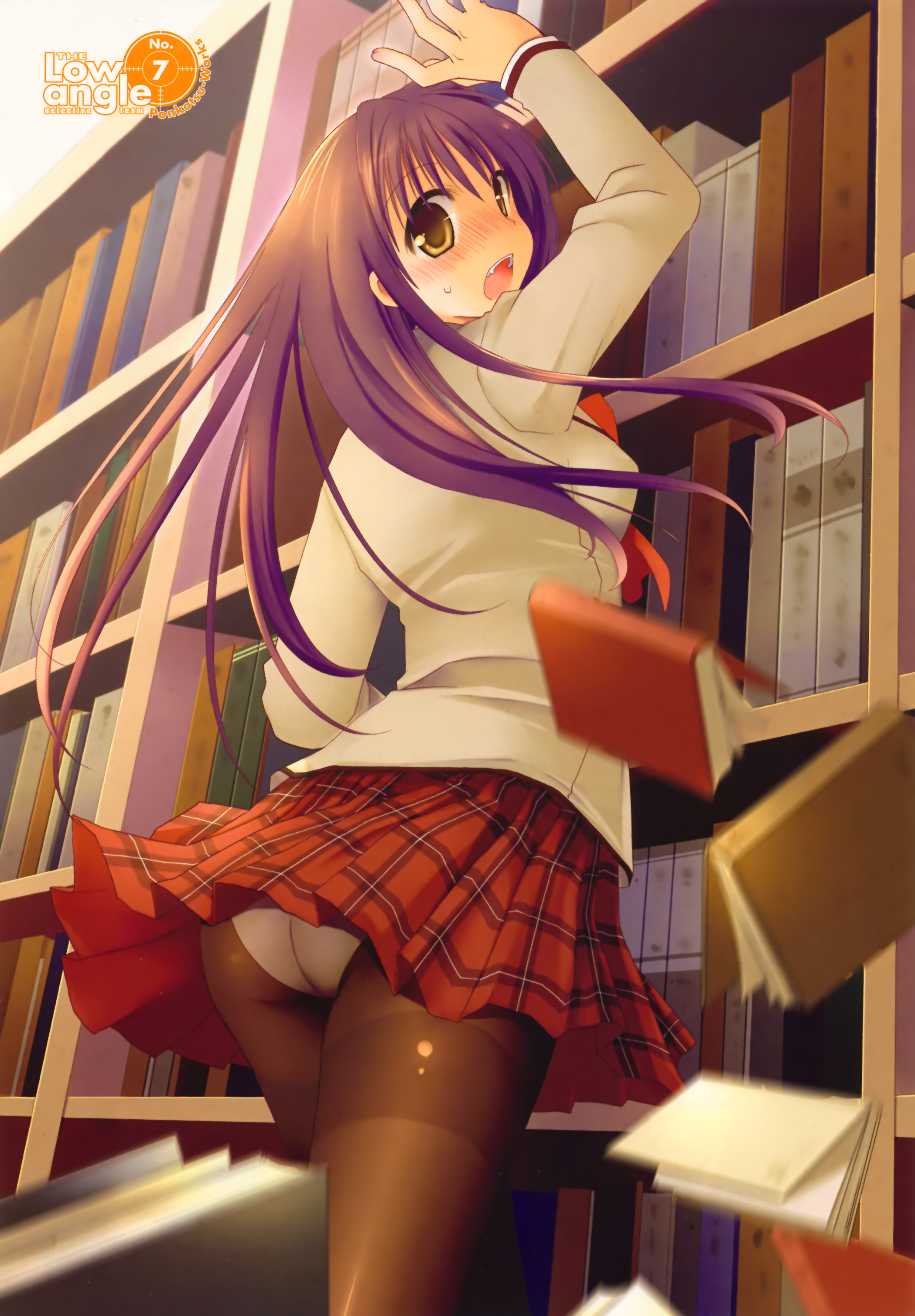 theta (ponkotsu works), absurdres, artbook, highres, 1girl, ass, blush, book, brown hair, fang, female focus, long hair, open mouth, panties, panties under pantyhose, pantyhose, pantyshot, plaid clothes, plaid skirt, school uniform, skirt, solo, thighband pantyhose, underwear, upskirt, yellow eyes
