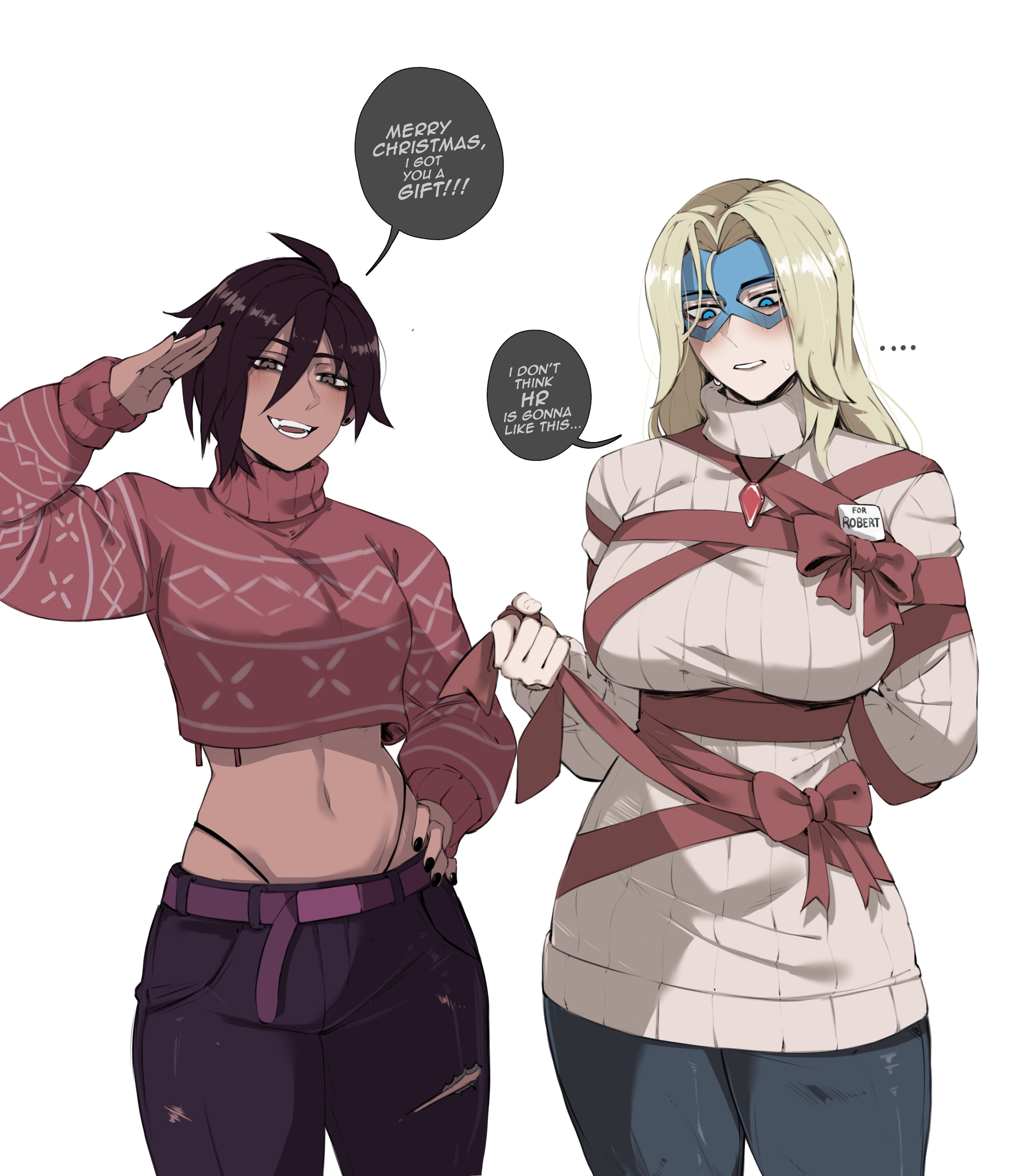 masoq, blonde blazer, invisigal (dispatch), dispatch, absurdres, commentary, english commentary, highres, …, 2girls, belt, black nails, black pants, blonde hair, blue eyes, blue mask, eye mask, looking at viewer, mask, midriff, multiple girls, nail polish, navel, open mouth, pants, pink belt, red sweater, ribbon around body, simple background, speech bubble, sweater, torn clothes, torn pants, turtleneck, turtleneck sweater, white background, white sweater