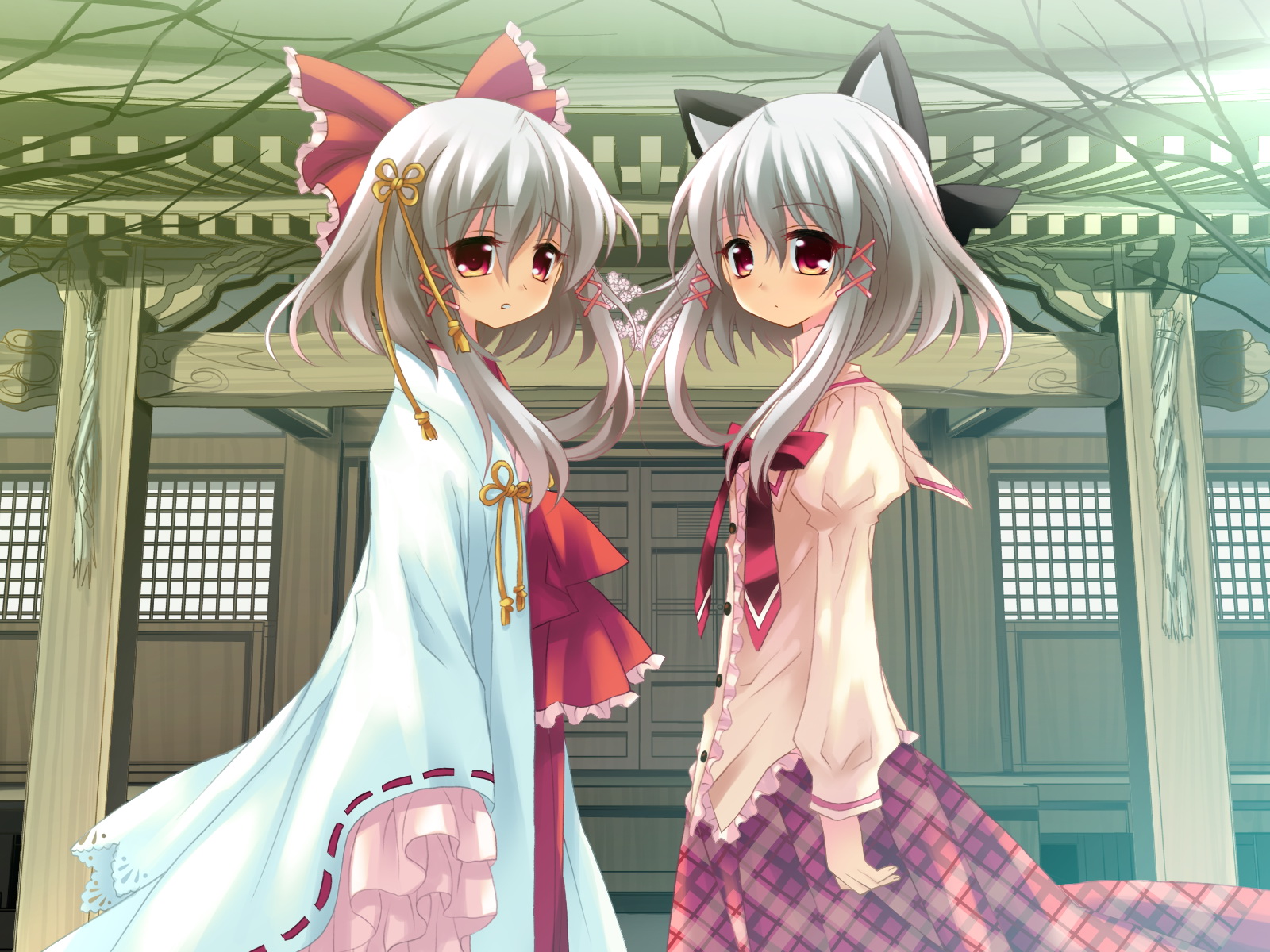 sakurazawa izumi, sakuramori akasha, hanafubuki, highres, 2girls, animal ears, architecture, bow, cat ears, east asian architecture, frills, gathers, grey hair, hair bow, japanese clothes, large bow, long hair, multiple girls, necktie, plaid clothes, plaid skirt, red eyes, school uniform, shrine, skirt