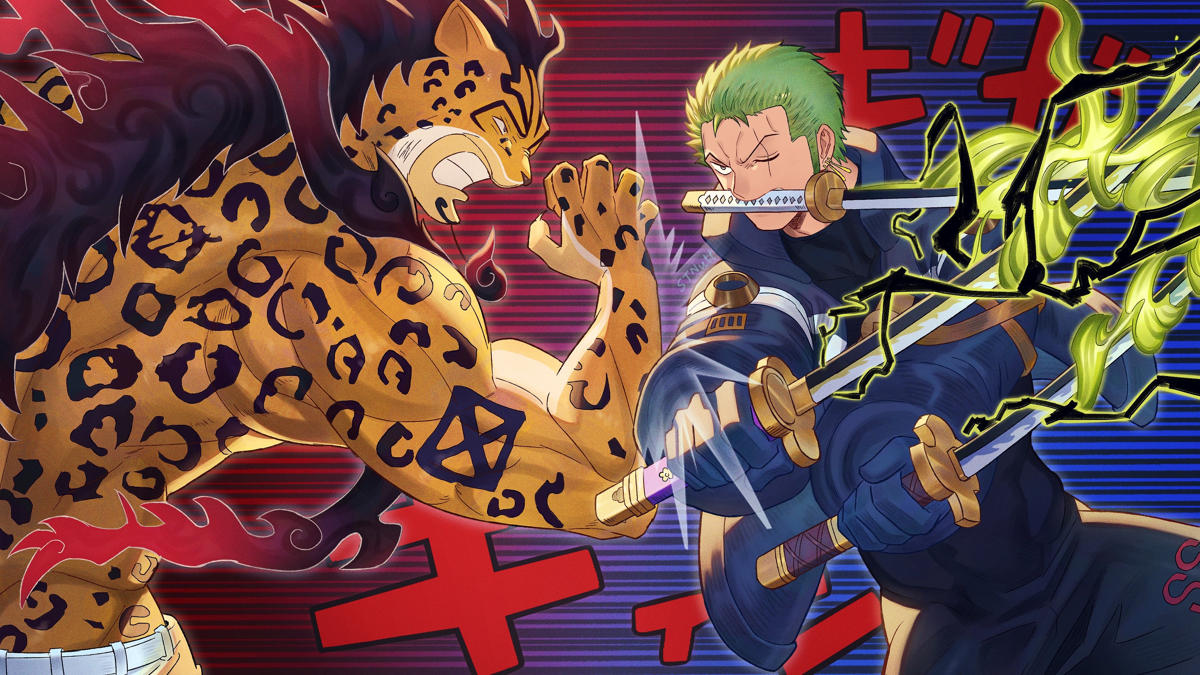 stnutt, rob lucci, roronoa zoro, one piece, absurdres, highres, 2boys, black bodysuit, blue gloves, blue jacket, bodysuit, clash, devil fruit power, duel, facial hair, fighting stance, gloves, goatee, green hair, hagoromo, holding, holding sword, holding weapon, jacket, katana, looking at another, male focus, motion lines, mouth hold, multiple boys, multiple swords, official alternate costume, one eye closed, open clothes, open jacket, scar, scar across eye, scar on face, shawl, short hair, speed lines, sword, transformation, upper body, weapon