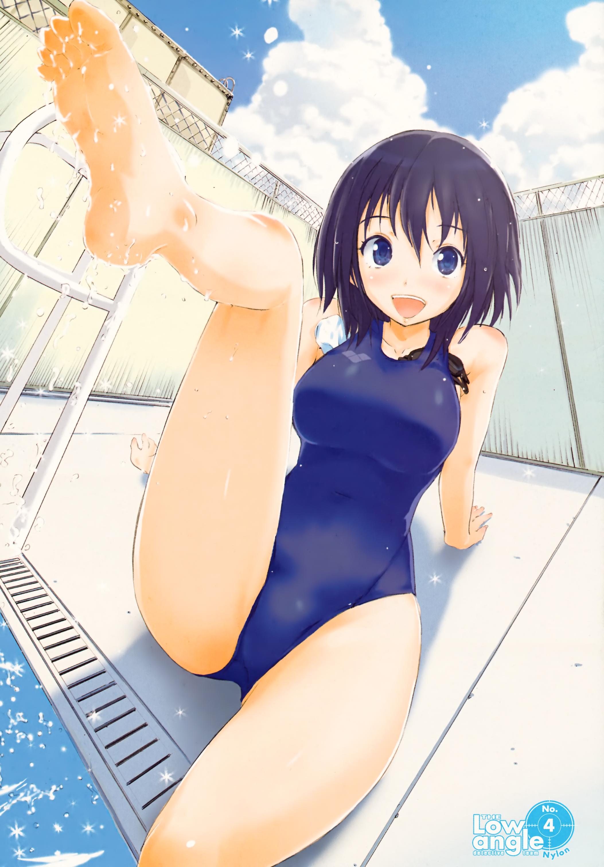 izumi haruka, frogman (manga), absurdres, artbook, highres, official art, 1girl, :d, barefoot, blue eyes, cloud, competition swimsuit, day, feet, female focus, foot focus, goggles, leg up, object in clothes, object in swimsuit, one-piece swimsuit, open mouth, outdoors, pool, pool ladder, poolside, purple hair, reclining, sitting, smile, soaking feet, soles, solo, sparkle, splashing, swimsuit, toes, unworn goggles, water, wet