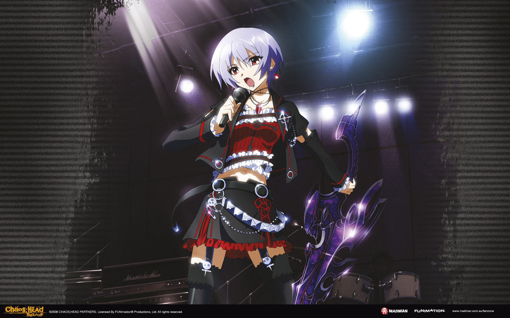 kishimoto ayase, chaos;head, phantasm, science adventure, highres, official art, 1girl, anime coloring, belt, black jacket, black lips, black skirt, black thighhighs, blue hair, chain, choker, collarbone, corset, cross, cross print, d-sword, detached sleeves, earrings, frilled corset, frilled skirt, frilled sleeves, frills, garter straps, goth fashion, holding, holding microphone, holding sword, holding weapon, inverted cross, jacket, jewelry, kishimoto ayase (fes), leather, leather jacket, leather skirt, long sleeves, looking at viewer, makeup, microphone, midriff, miniskirt, navel, red corset, red eyes, red skirt, short hair, skirt, sword, thighhighs, weapon