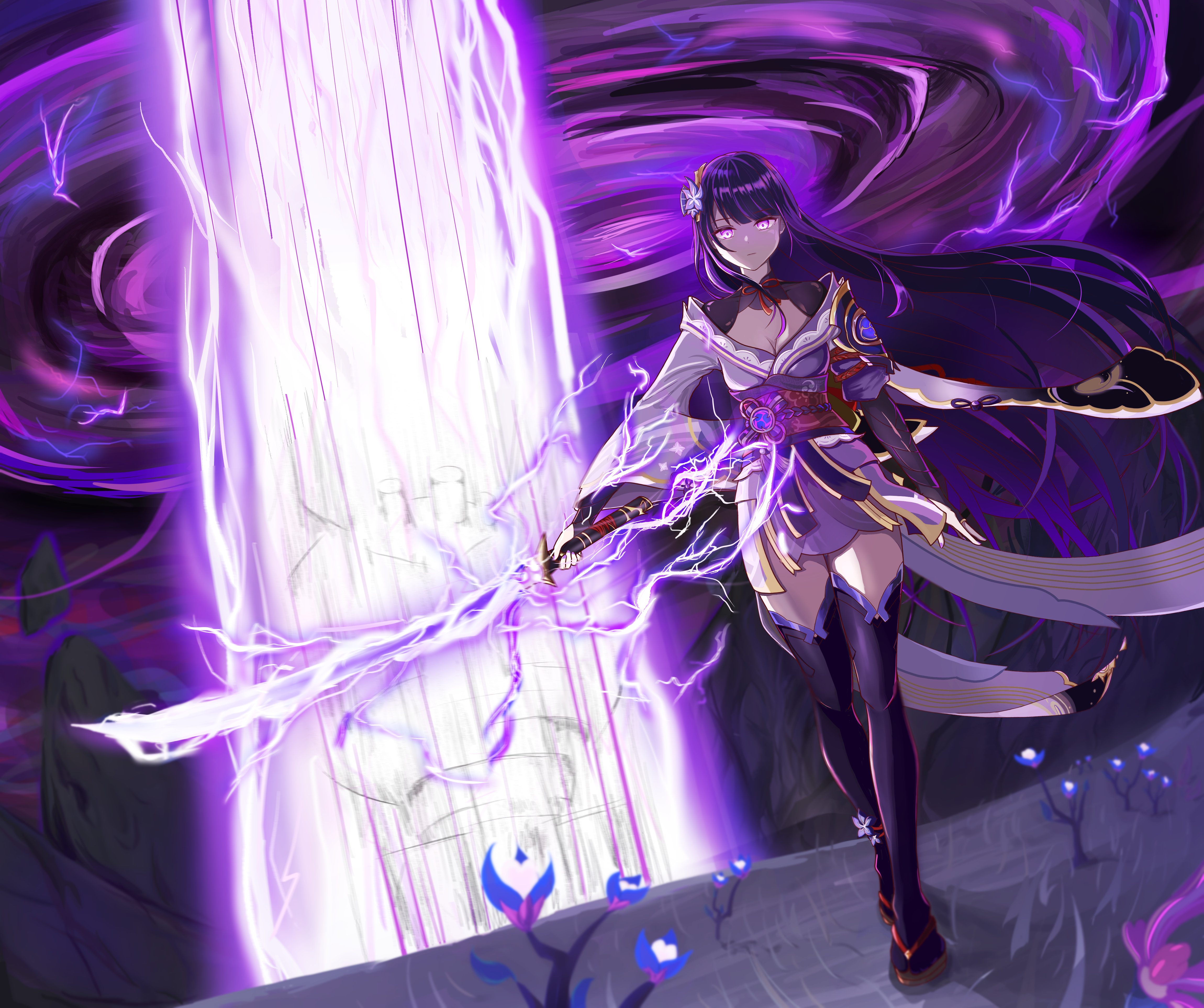 raiden shogun, genshin impact, absurdres, highres, 1girl, arm up, blunt bangs, breasts, cleavage, closed mouth, electricity, full body, glowing, glowing eyes, glowing sword, glowing weapon, hair down, hair flowing over, hair ornament, holding, holding sword, holding weapon, japanese clothes, katana, kimono, large breasts, lingerie, long hair, mulp sty, musou isshin (genshin impact), neck ribbon, powering up, purple background, purple eyes, purple kimono, purple sky, red ribbon, red sash, ribbon, sash, shade, sky, slashing, solo, standing, storm, sword, thighhighs, thighs, underwear, weapon