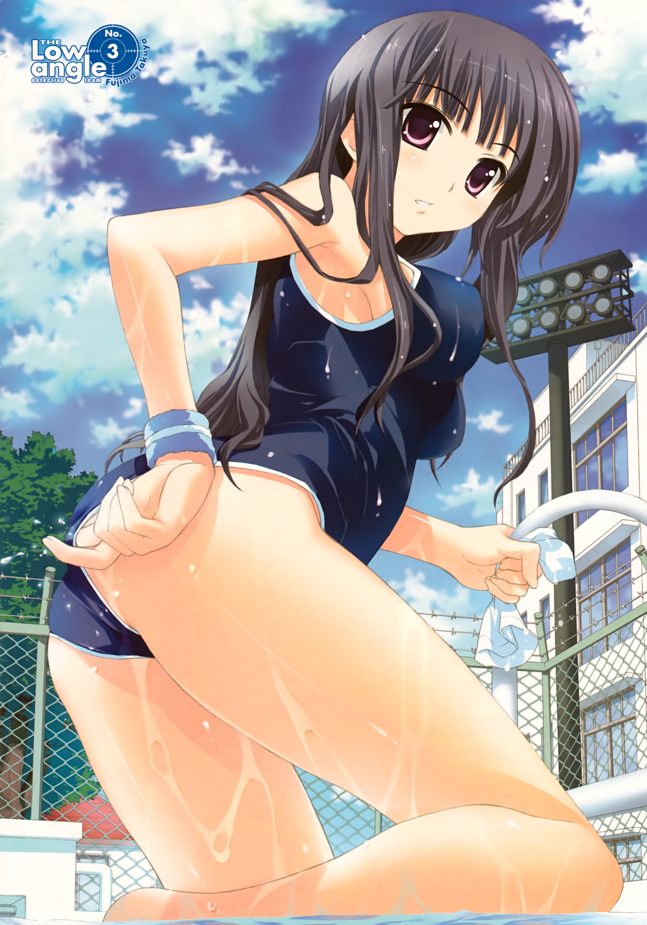 fujima takuya, original, absurdres, artbook, highres, 1girl, adjusting clothes, adjusting swimsuit, ass, black hair, breasts, cloud, day, female focus, impossible clothes, impossible swimsuit, large breasts, long hair, one-piece swimsuit, purple eyes, sky, solo, swimsuit, thighs, water, wet