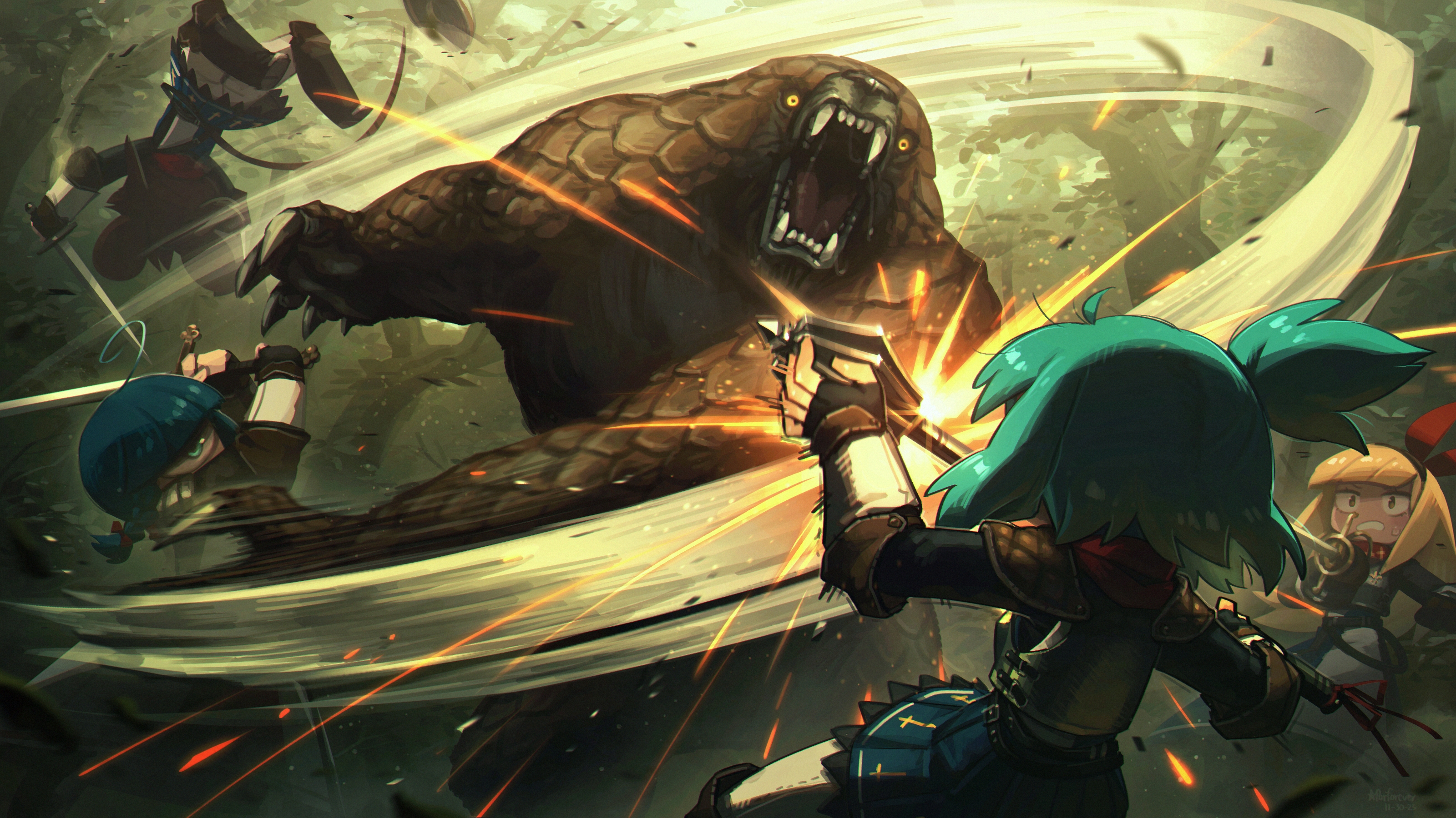 porforever, relica (porforever), original, absurdres, commentary, english commentary, highres, 4girls, animal ears, armor, battle, black gloves, blonde hair, blue eyes, blue hair, cyclops, edda (porforever), fangs, fingerless gloves, gloves, green hair, hair ribbon, holding, holding mace, holding sword, holding weapon, leather armor, mace, monster, mouse ears, mouse girl, mouse tail, multiple girls, one-eyed, red ribbon, ribbon, sharp teeth, shoulder armor, side ponytail, sword, tail, teeth, vambraces, weapon